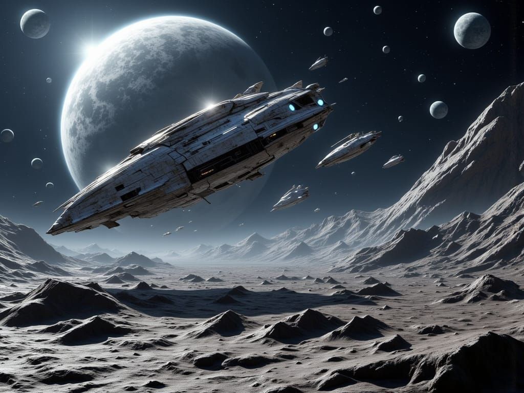 Futuristic Gravity Starship Departs Lunar Base