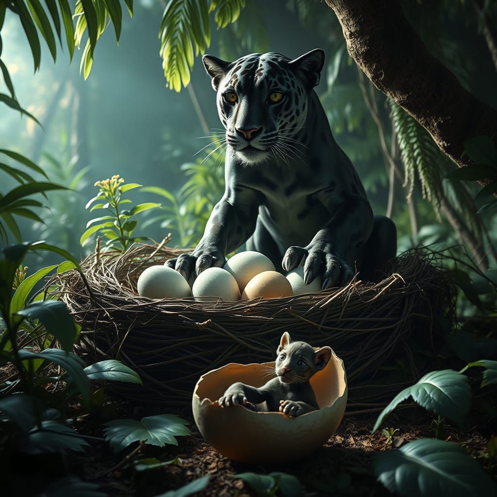 Alien Panther Family in Rainforest Nest