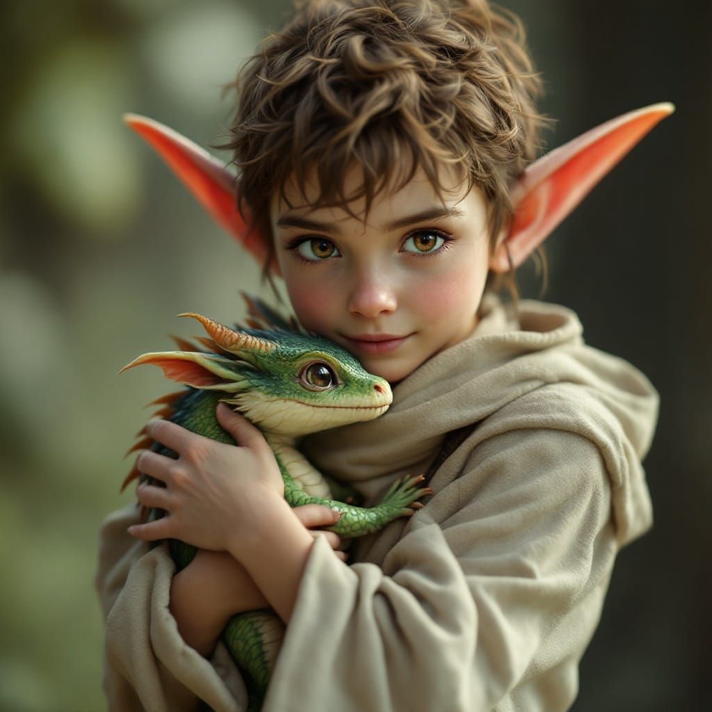 Elf holding a baby dragon, hyper-detailed, hyper-realistic i...