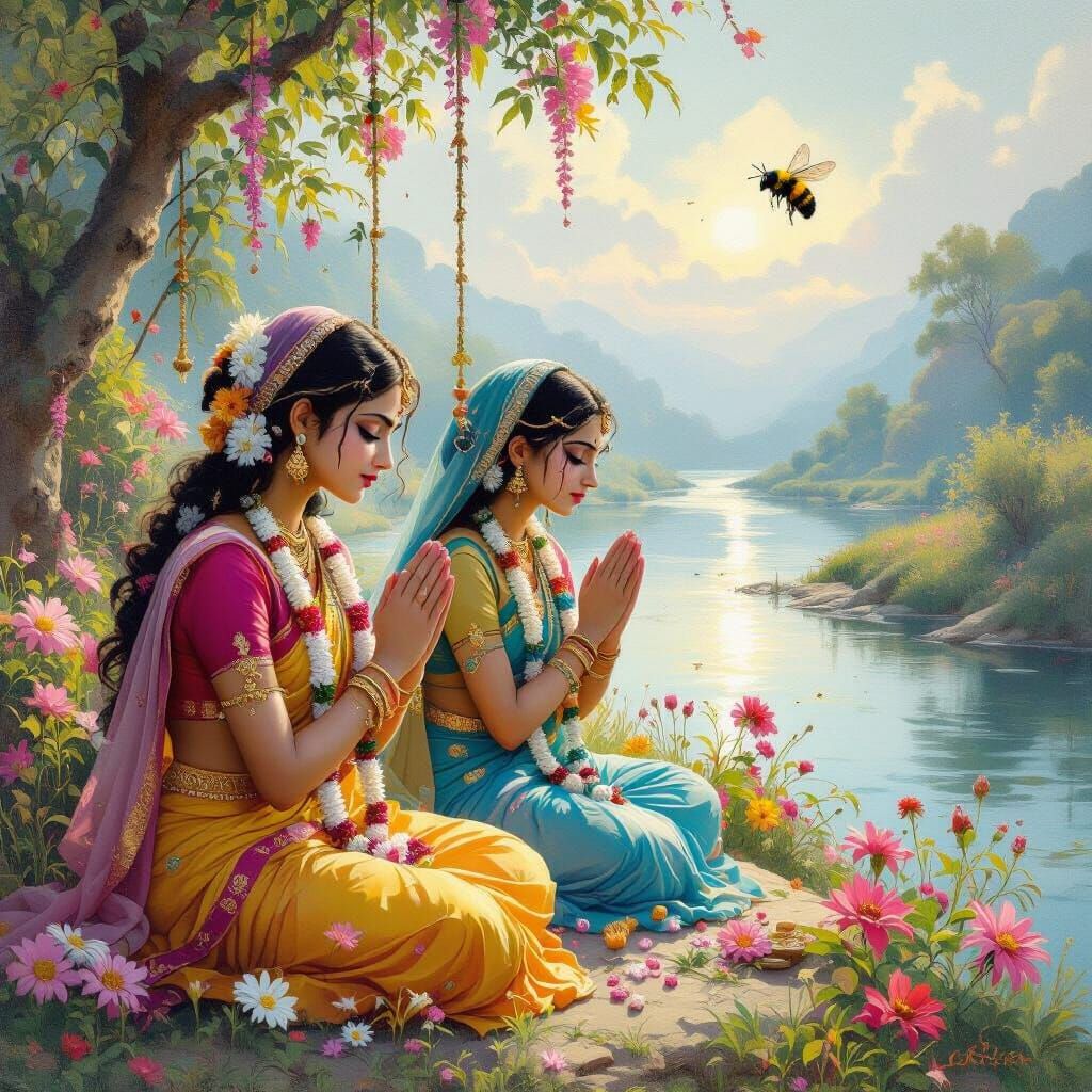 Emotional Gopis in Vrindavan Valley as Dreamy Oil Painting