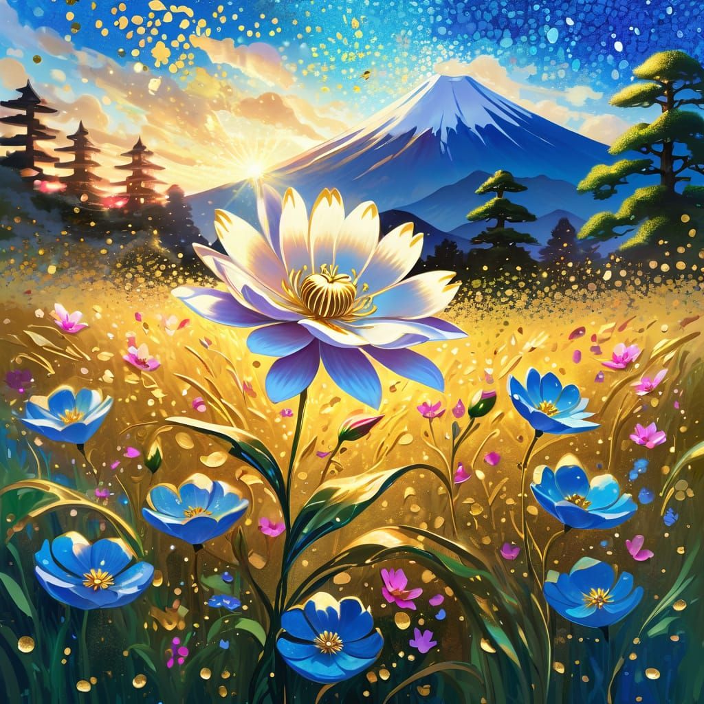 Majestic Flower in Japanese Meadow: Vibrant Oil Painting