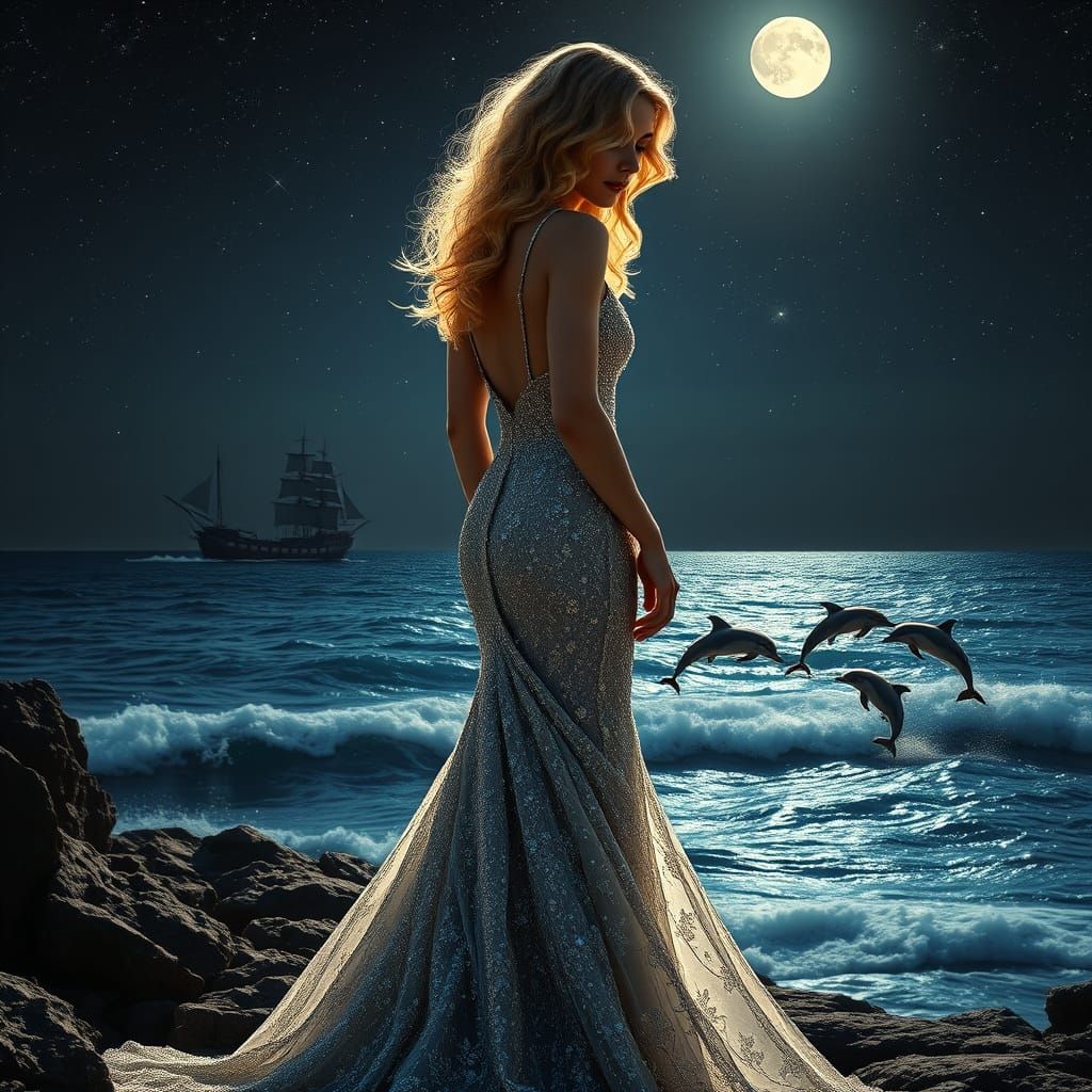 Ethereal Goddess of the Sea Shore in a Sparkling Evening Gow...