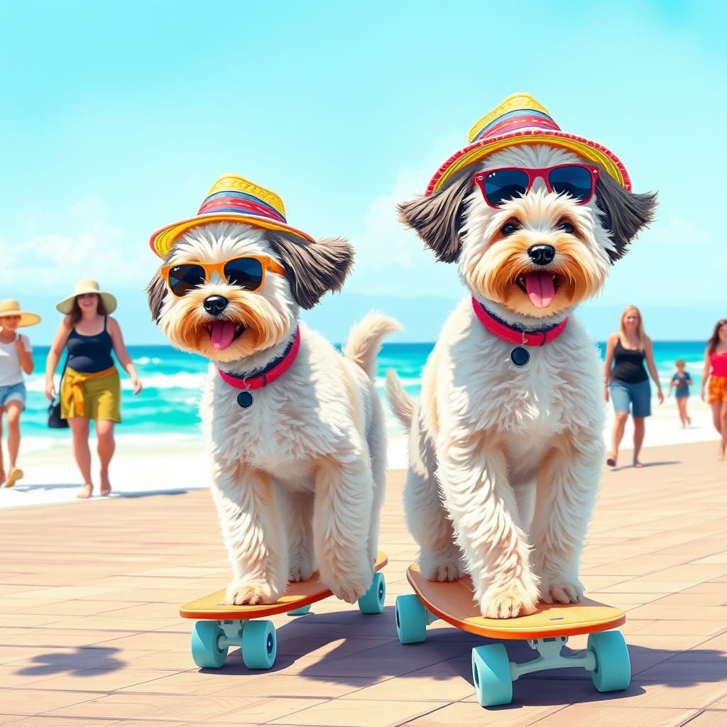 Schnoodle Skateboarding Duo on Joyful Beach Boardwalk