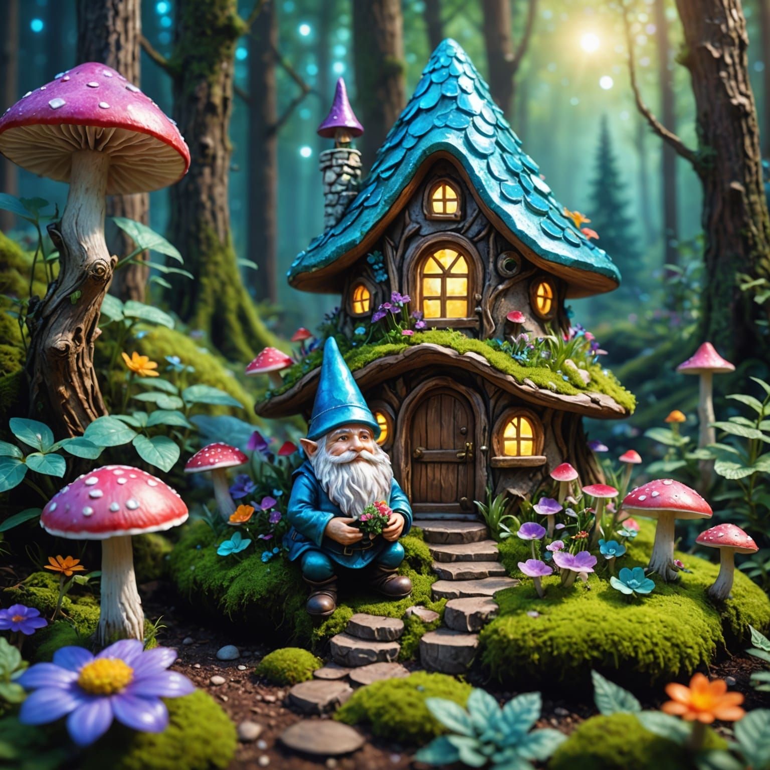 Gnome in Crystalline Mushroom House: Astral Illustration