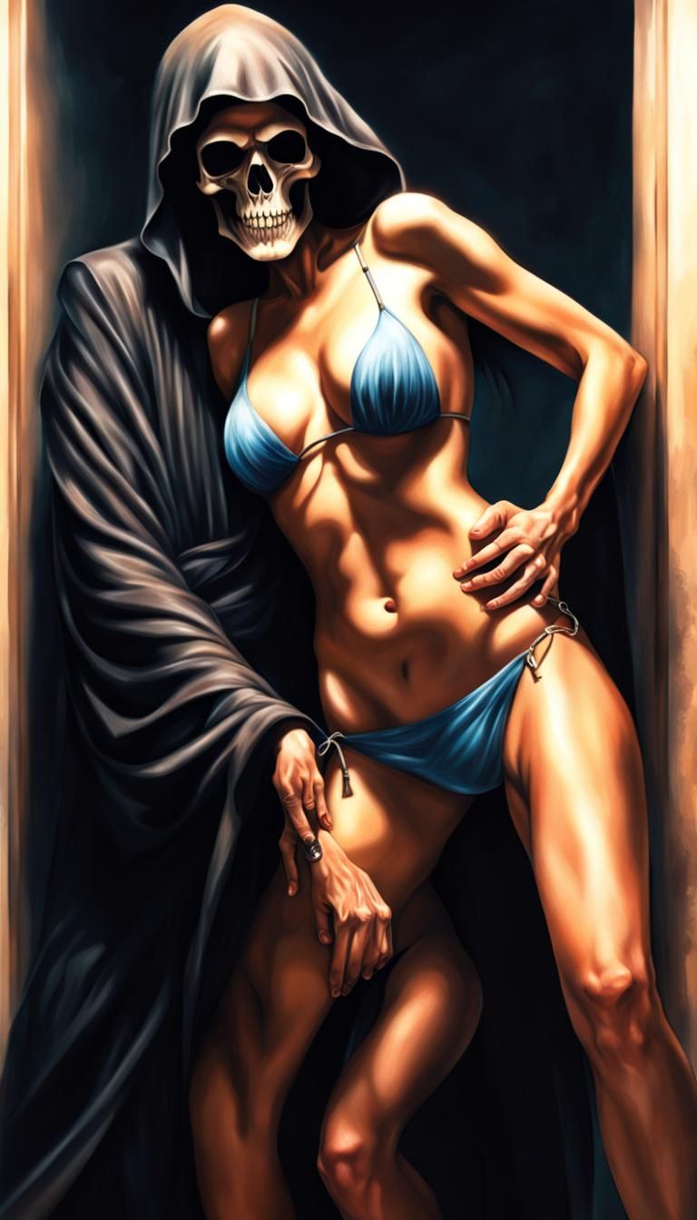 Hyperrealistic Grim Reaper Embracing Woman in Bikini