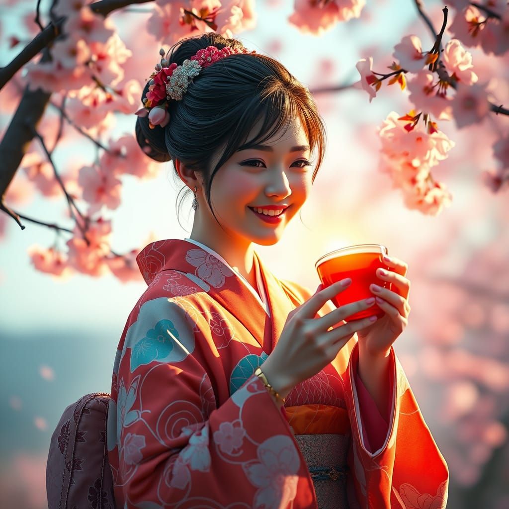 Woman in Cherry Blossoms Enjoying Tea in a Kimono