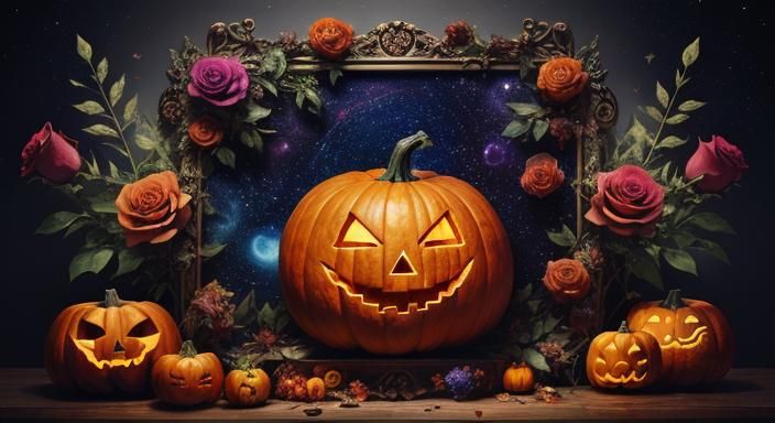 Cosmic Roses, Spiders, and Pumpkins Illustration