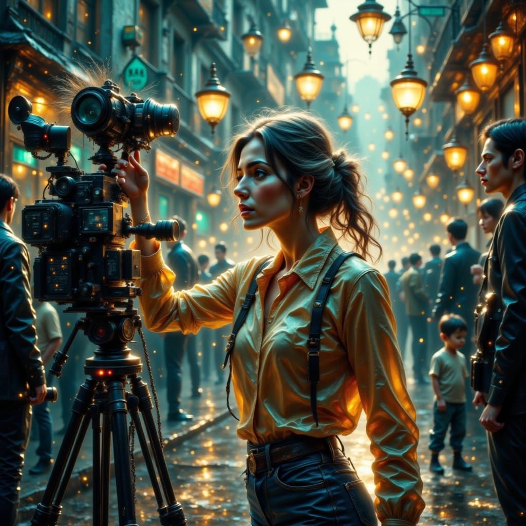 Woman Directing Film on Busy Set, Digital Matte Painting