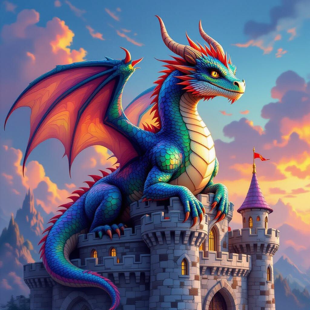 Hyperrealistic Rainbow Dragon on Fantasy Castle