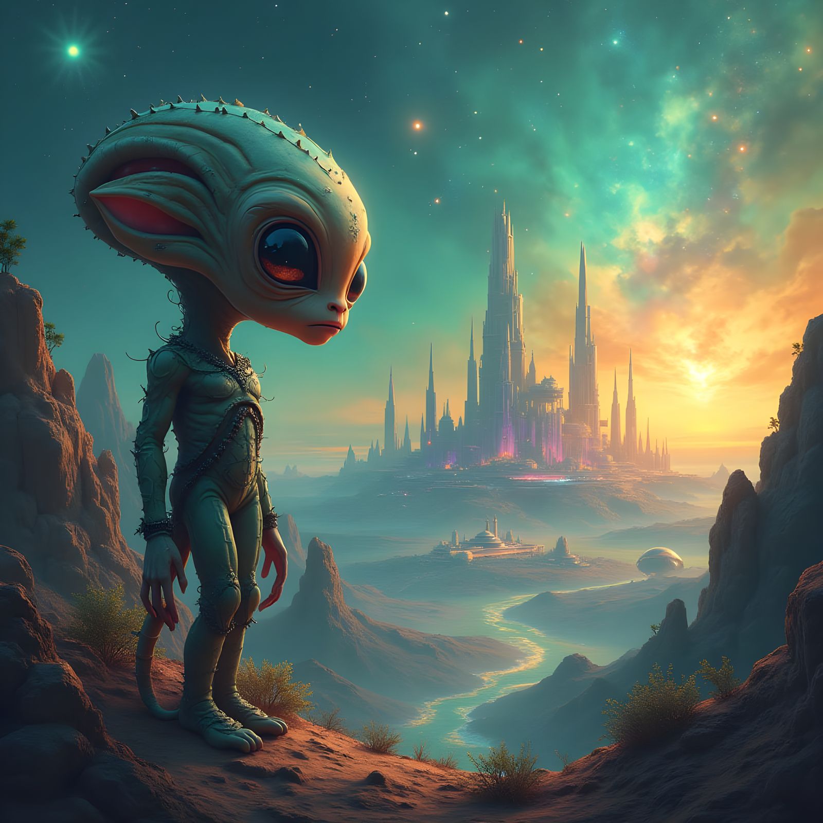 Ethereal Cosmic Scene with Alien Cityscape