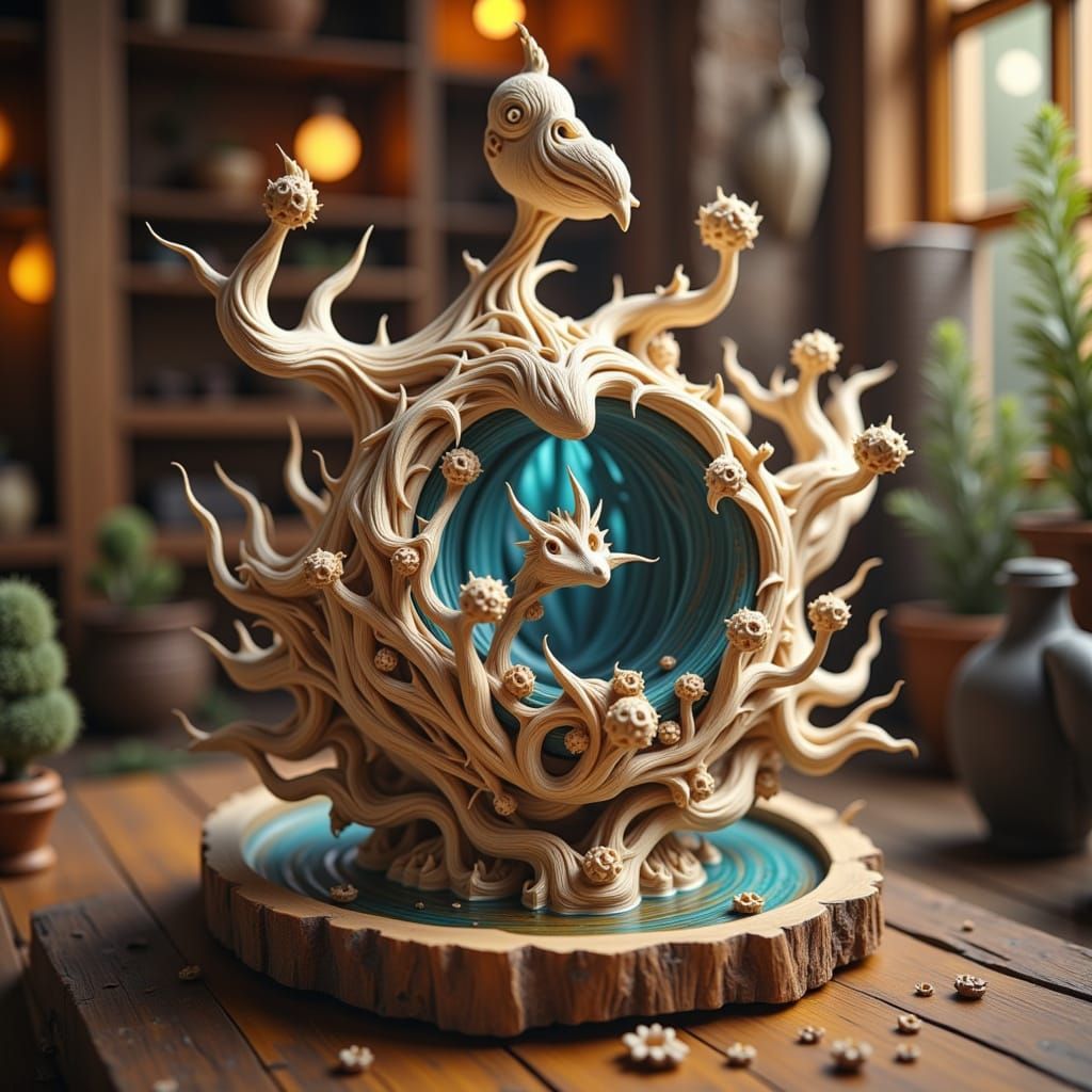 Intricate Wood Sculpture with Organic Patterns