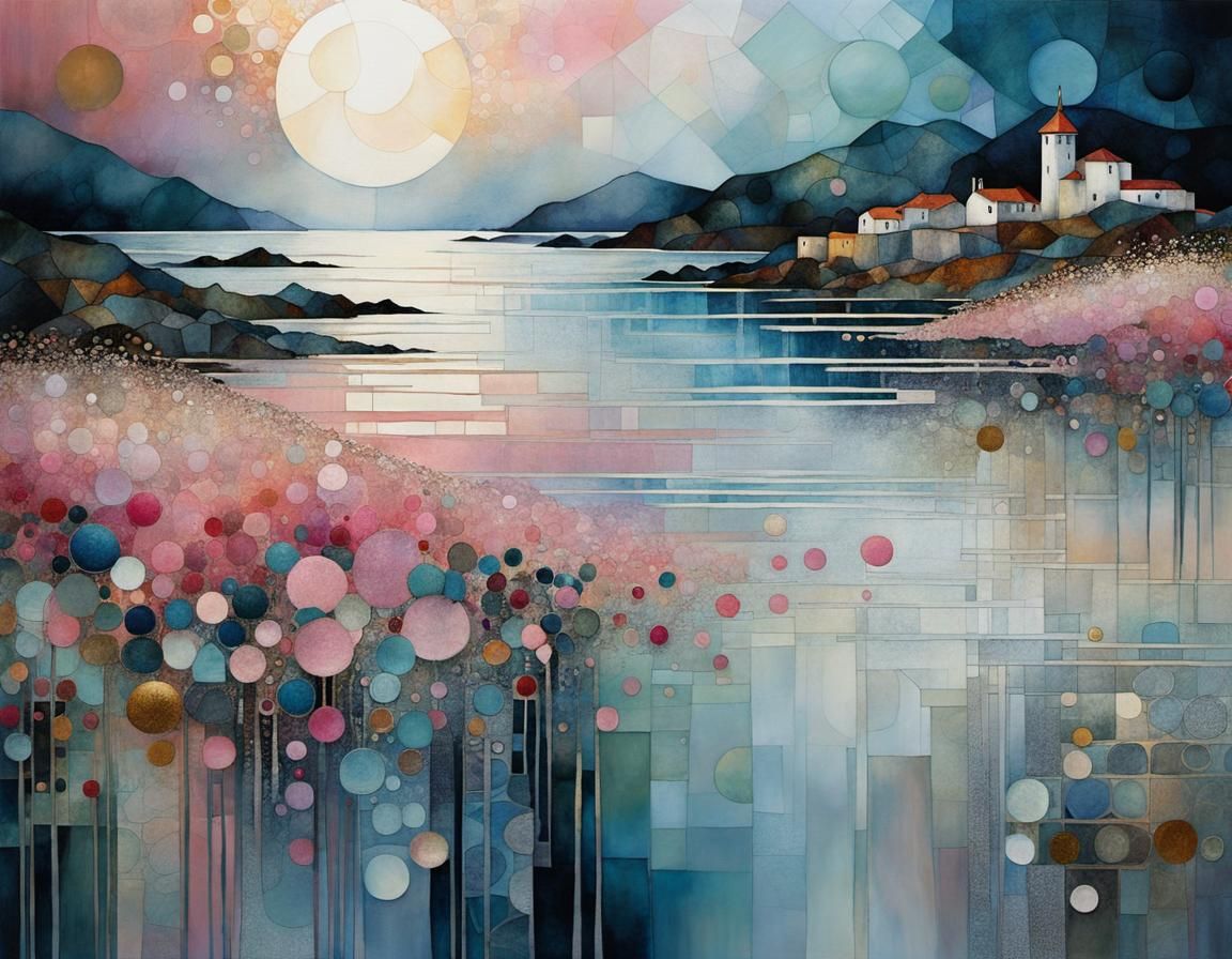 Klimt-Inspired Twilight Ocean Shore Masterpiece