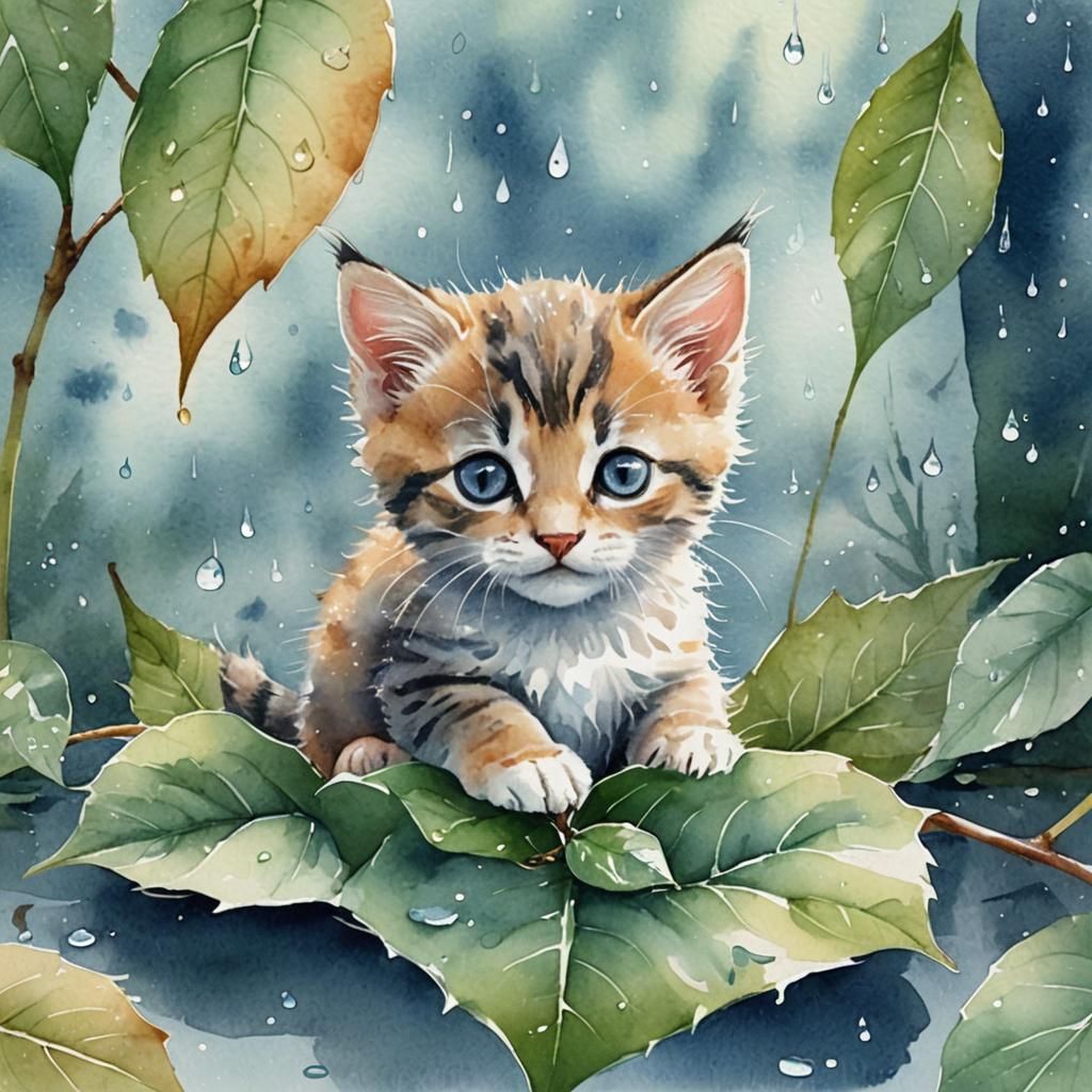 The kitten is hiding from the rain under a leaf. Watercolor ...