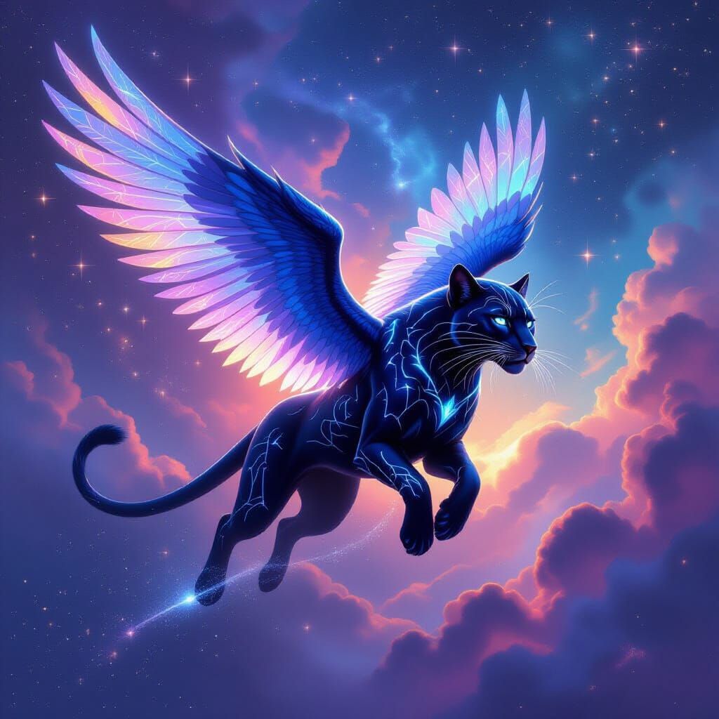 Celestial Winged Panther Gliding Through Nebula