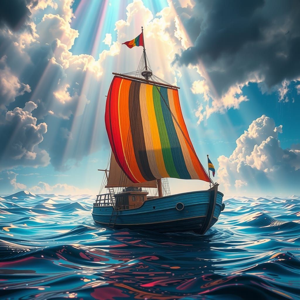 Rainbow Ship on Translucent Waves, Hyperdetailed Art