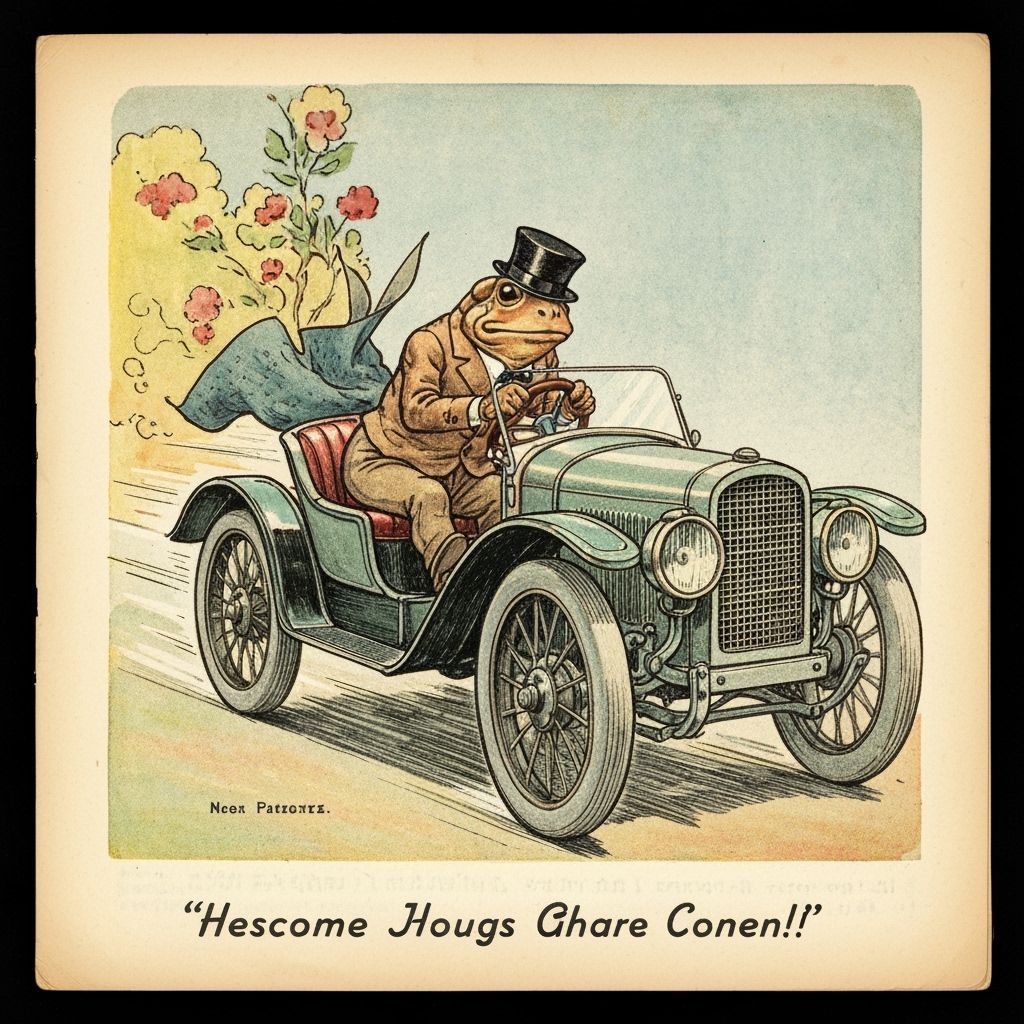 1920s Toad Drives Vintage Car in Colorful Illustration