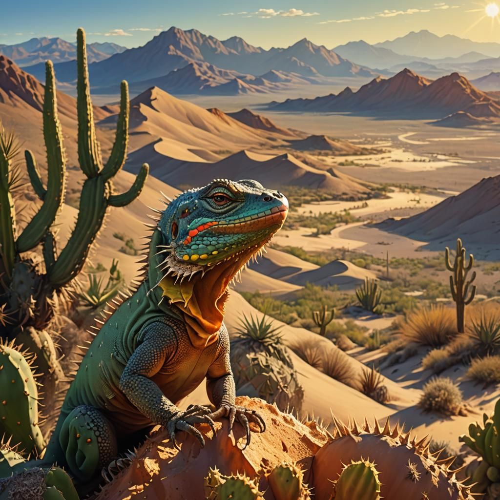 Lizard on Cactus in Hyperrealistic Desert Scene