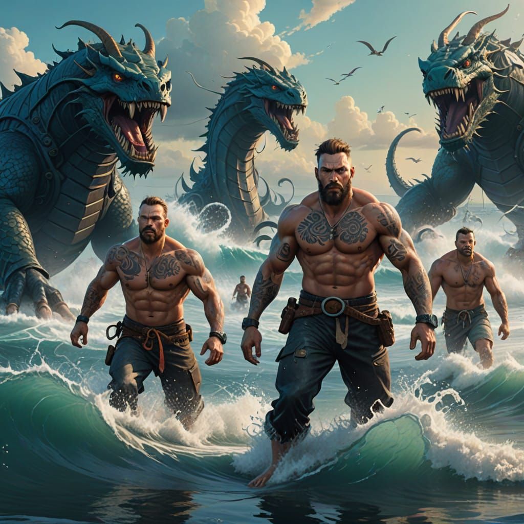 Muscular Men Flee Sea Serpent in Vibrant Underwater Scene