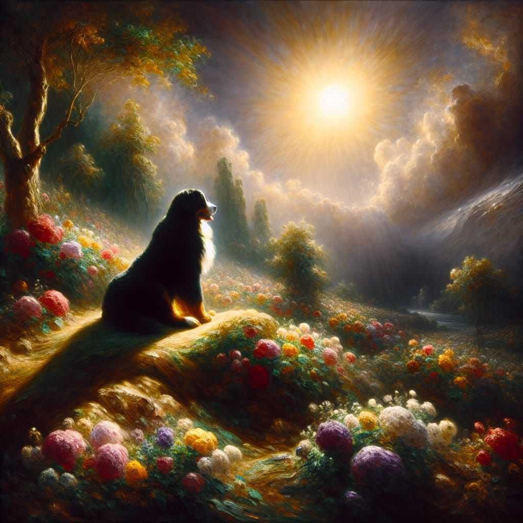 Surreal Bernese Mountain Dog in Vibrant Tenebrism Style Oil ...