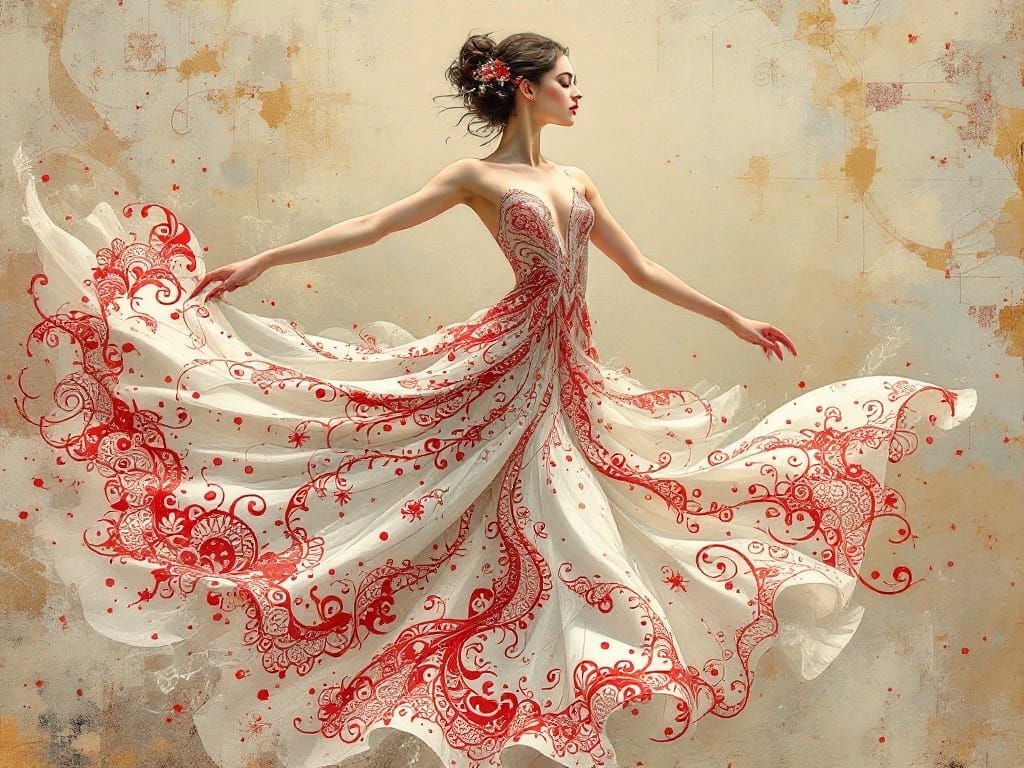 Elegant Dancer in Flowing Dress, Art Nouveau Style