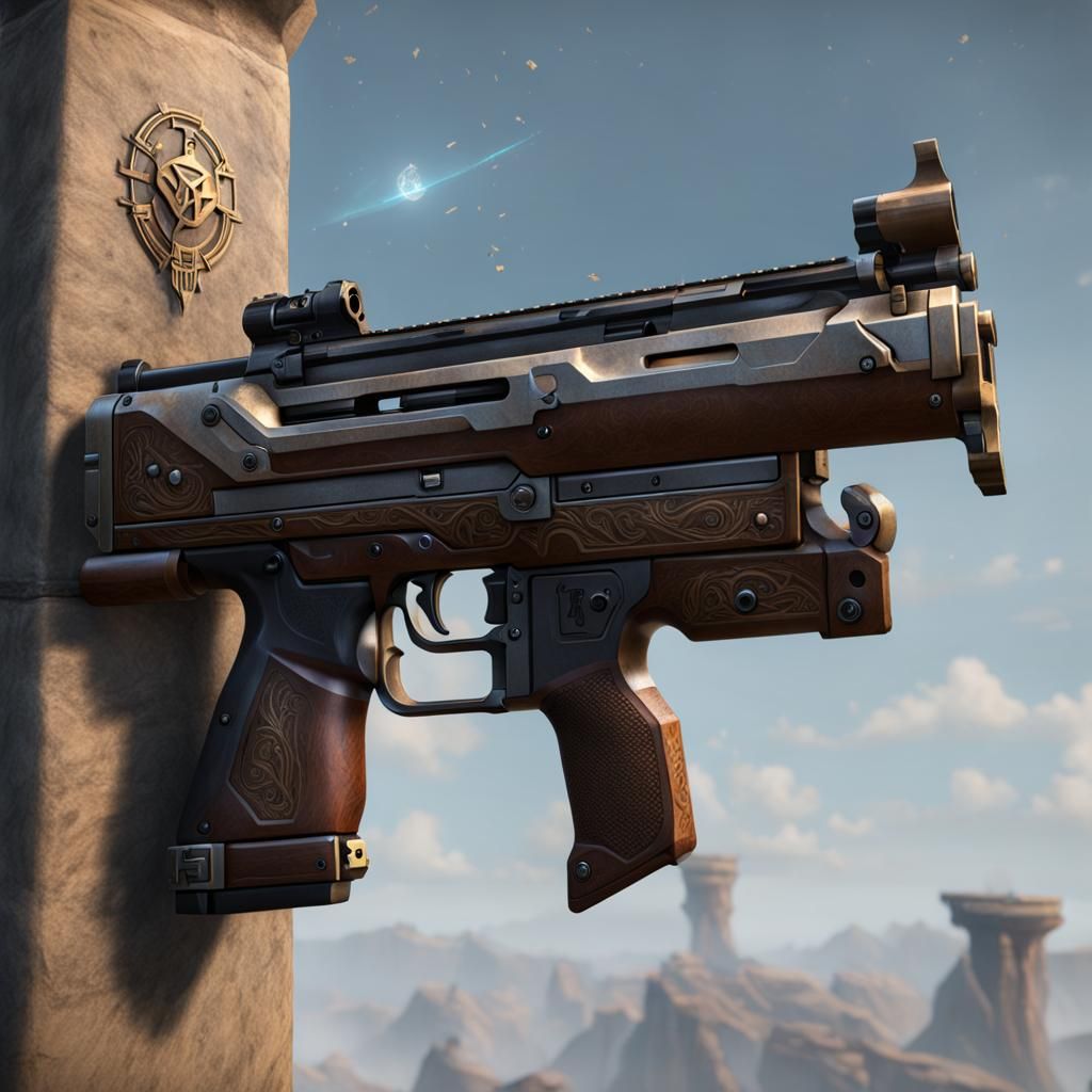 Wizardly Bullpup Pistol Floating Above Pillar