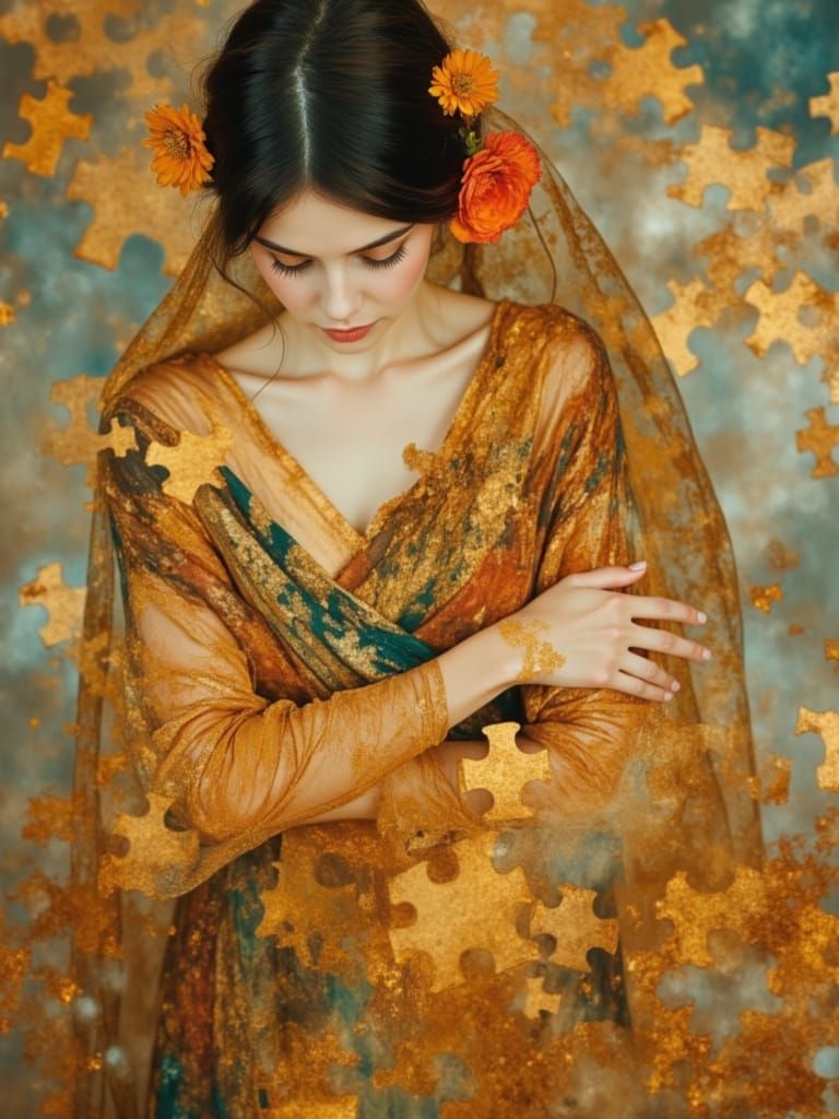 Art Nouveau Portrait of Woman With Puzzle Pieces
