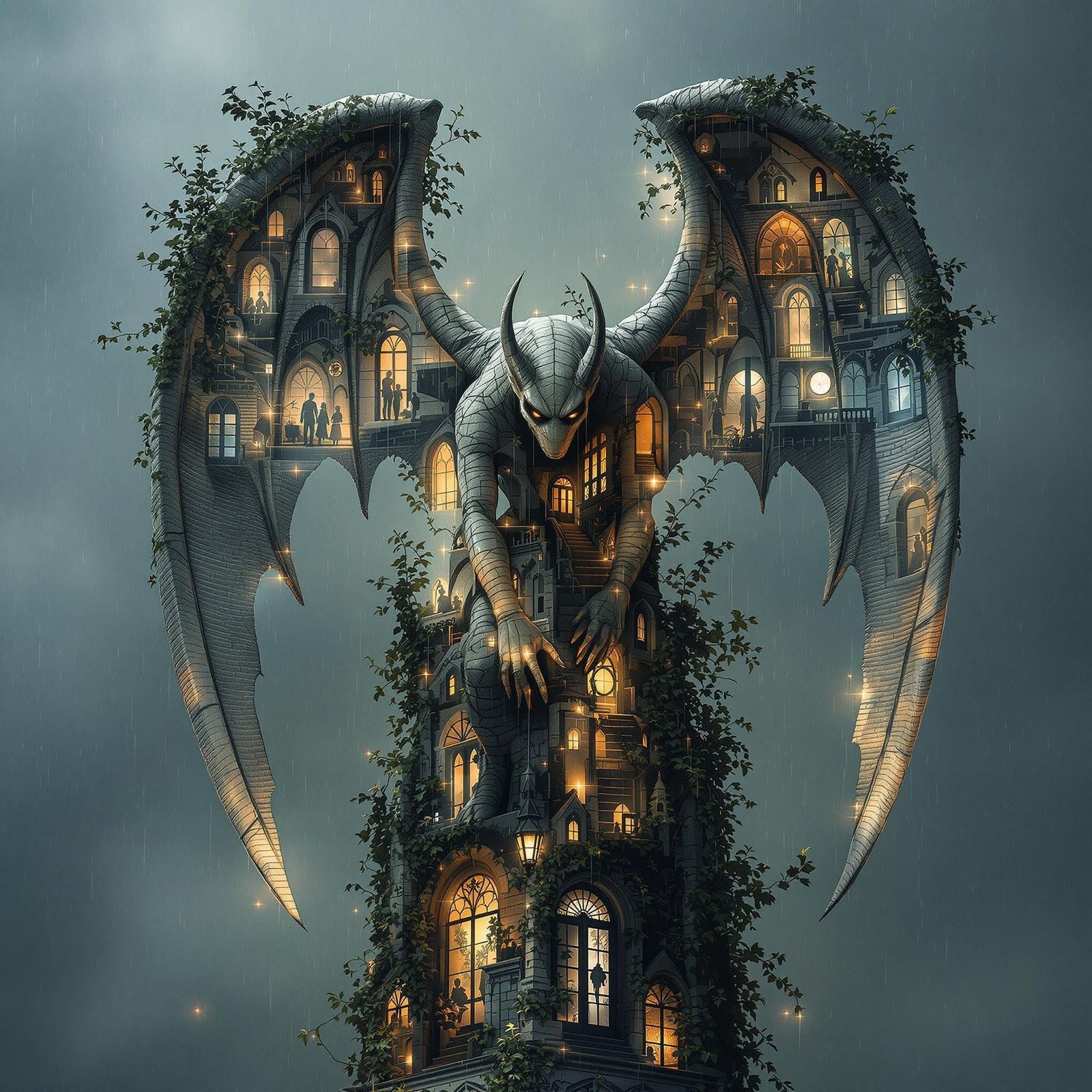 Gargoyle Thief Effigy in Double Exposure Style