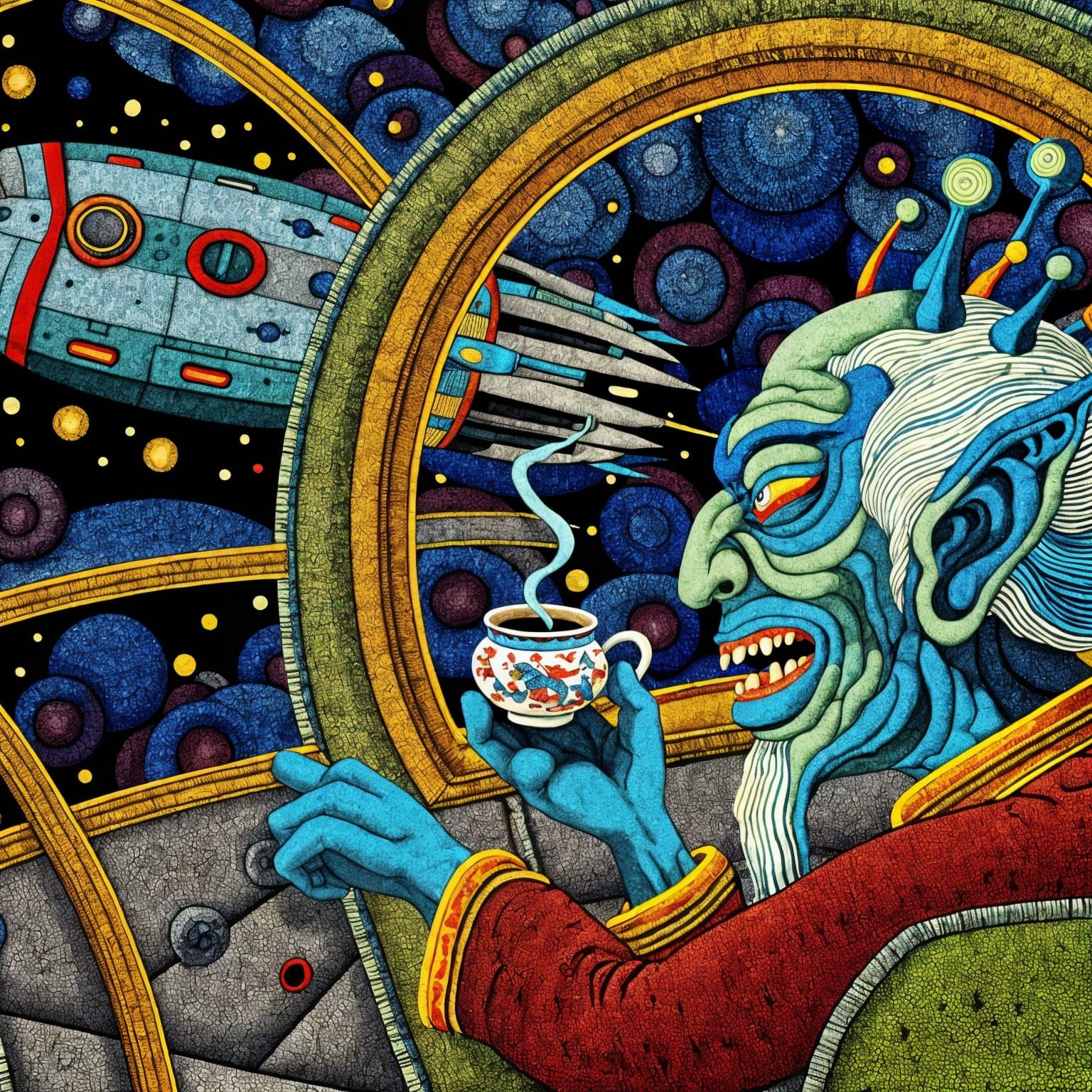 Alien Tea Ceremony in Expressionist Spacecraft
