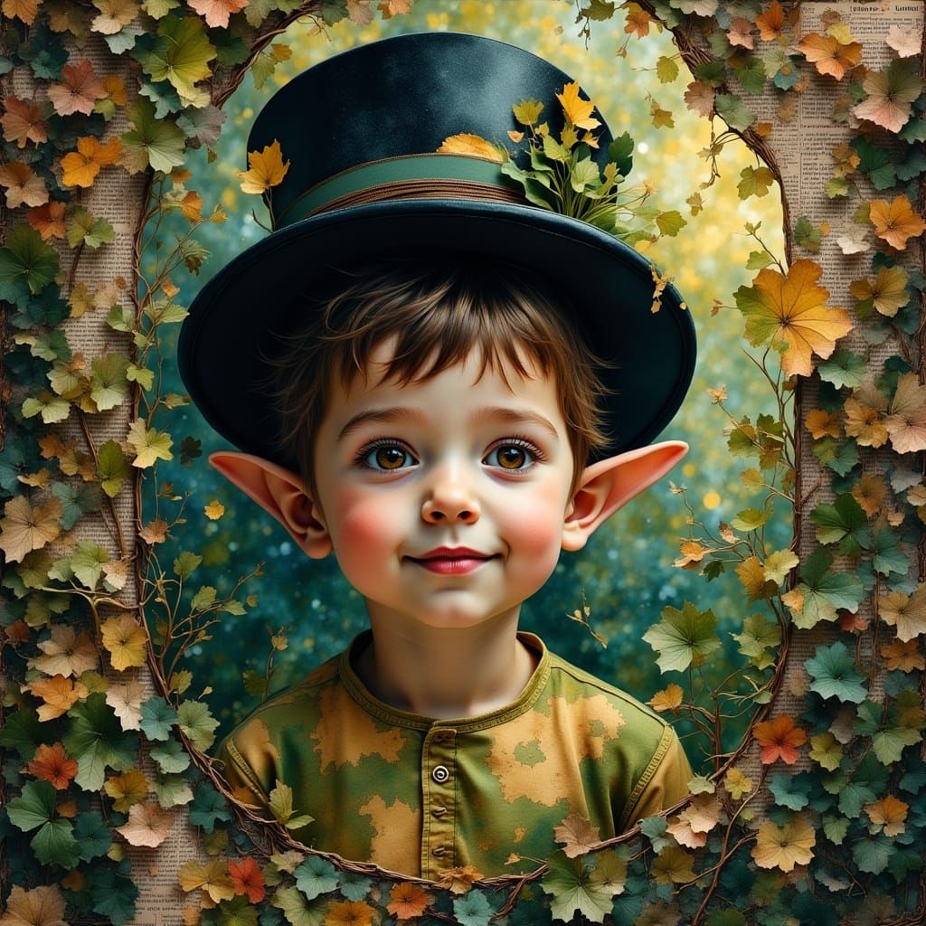 Elf Boy Portrait with Forest Portal and Newspaper Collage