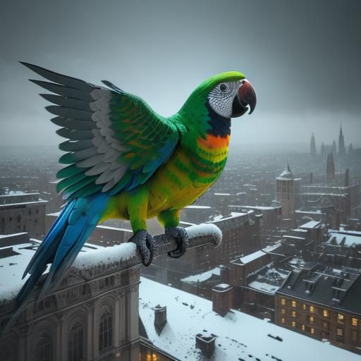 Parrot Over Snowy City in Photorealistic Style