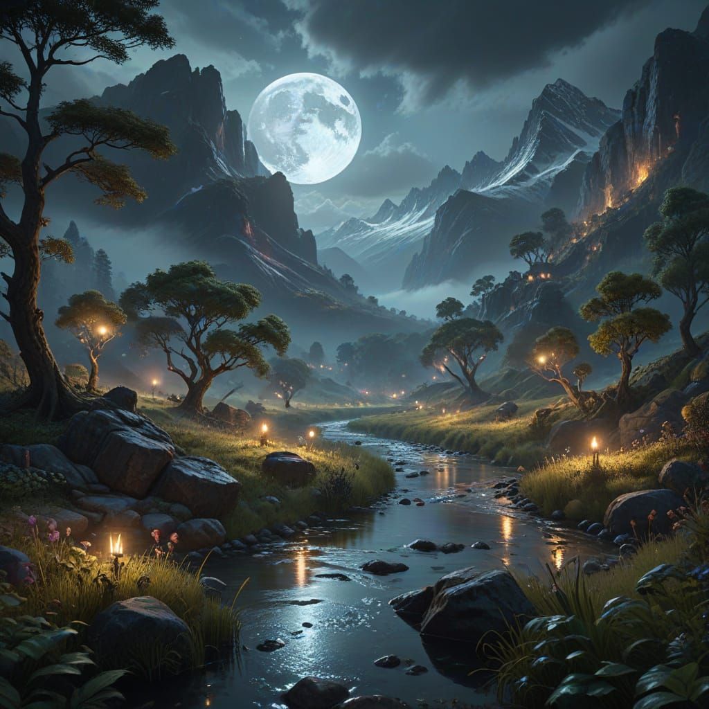 Dreamlike Valley Under Full Moonlight in Impressionist Style