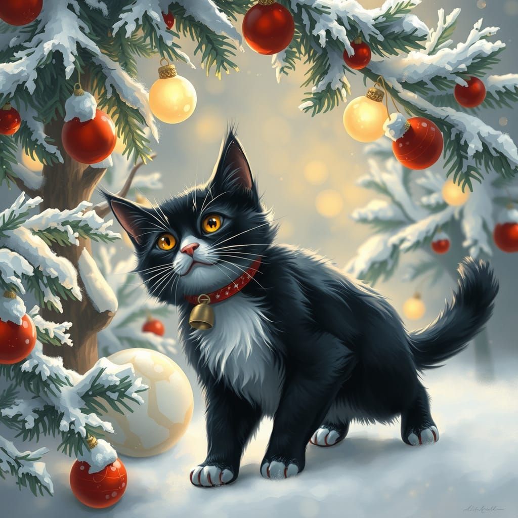 Whimsical Black and White Cat in Christmas Tree Scene