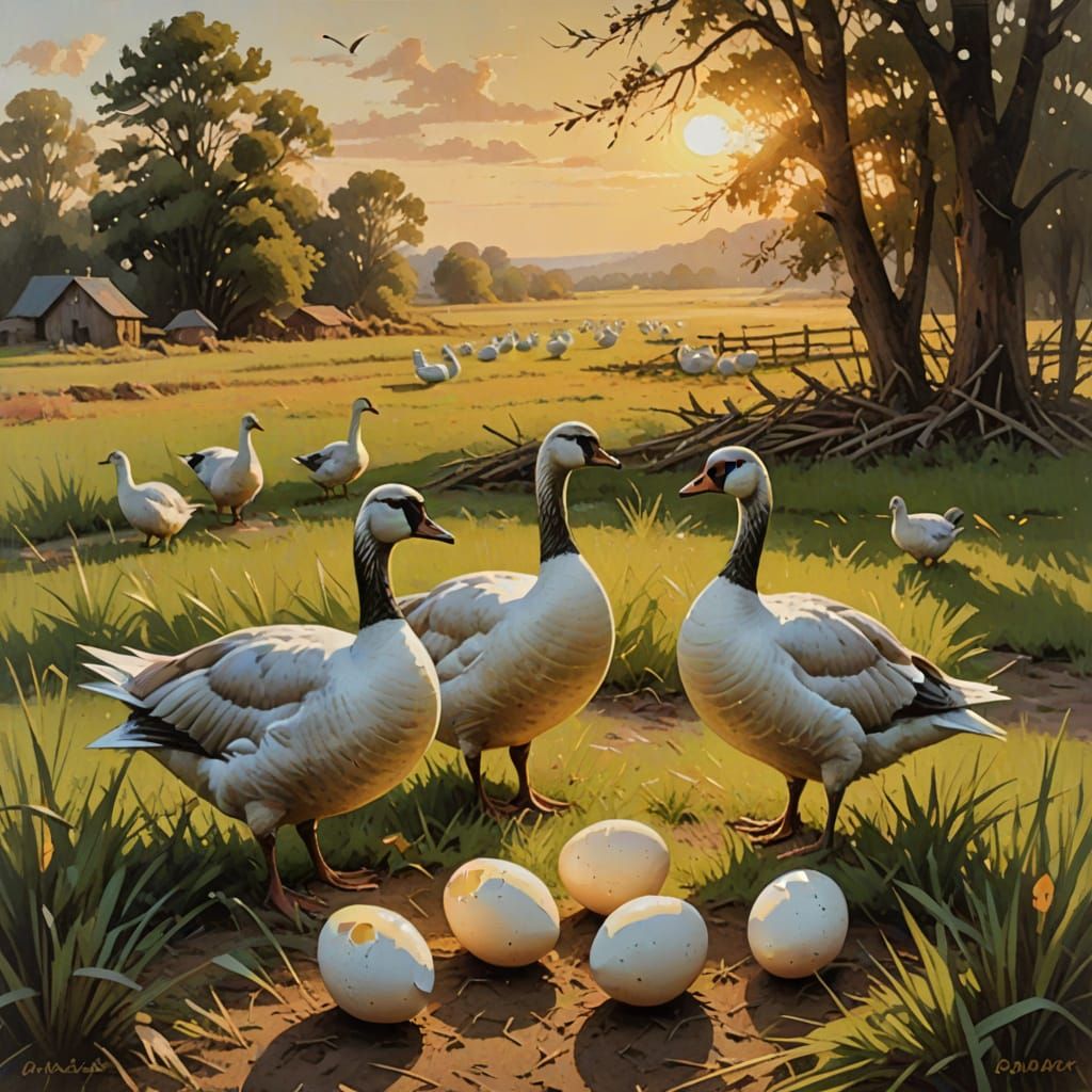 Six Geese Laying Eggs in Grassy Field Oil Painting