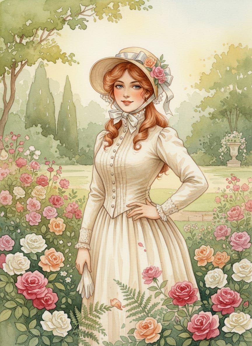 Victorian Woman in Rose Garden Watercolor Portrait