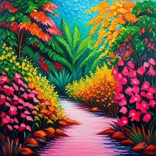 Pink Tropical Jungle in Expressionist Oil Painting Style