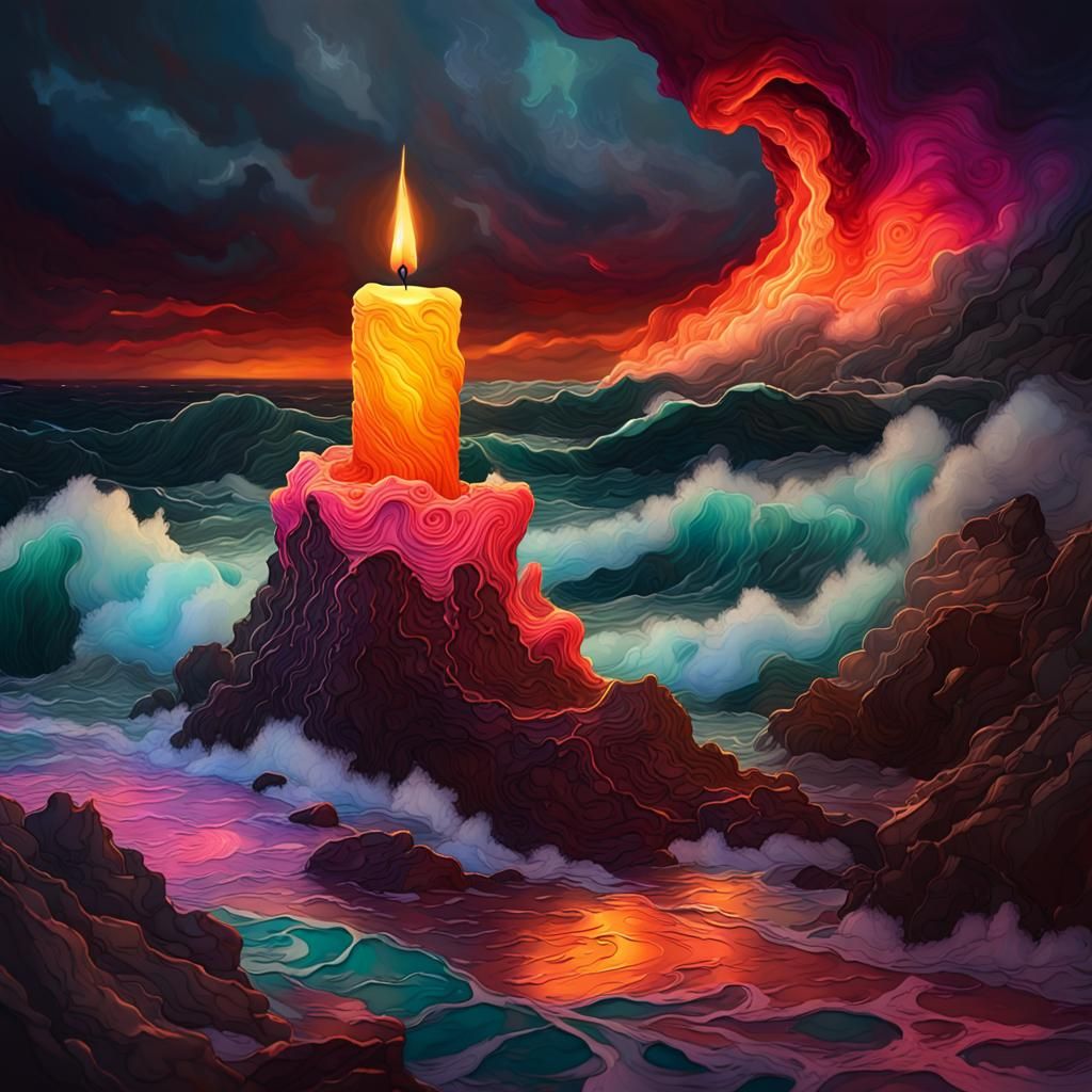 Encaustic paint texture and alcohol ink flow capturing a craggy shoreline with a vibrant neon giant burning candle overl...