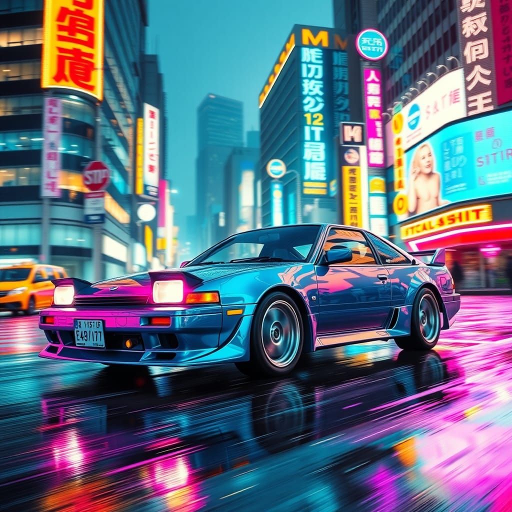 Nissan 180SX on Neon Tokyo Street in Synthwave Style