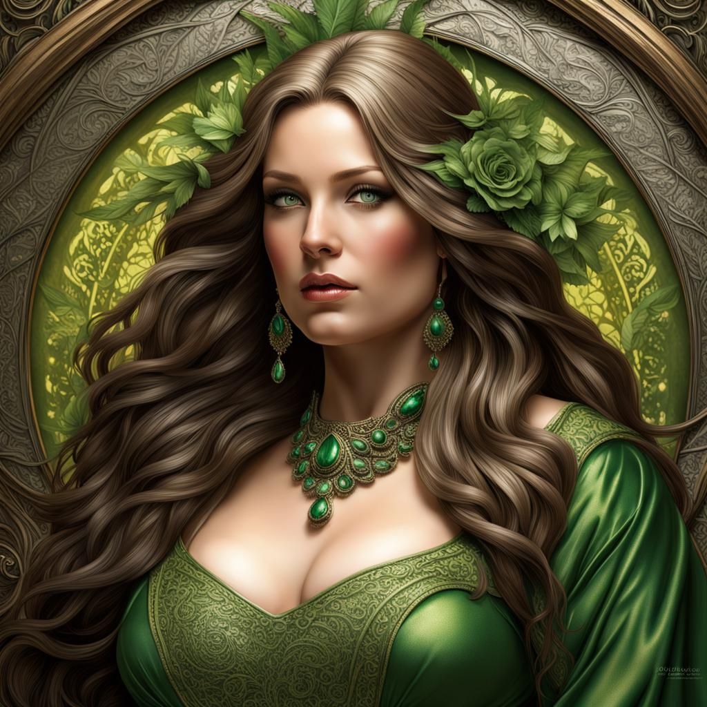 beautiful mature woman with long hair and green eyes :: chubby, fat, obese :: fancy dress :: portrait :: highly intricat...