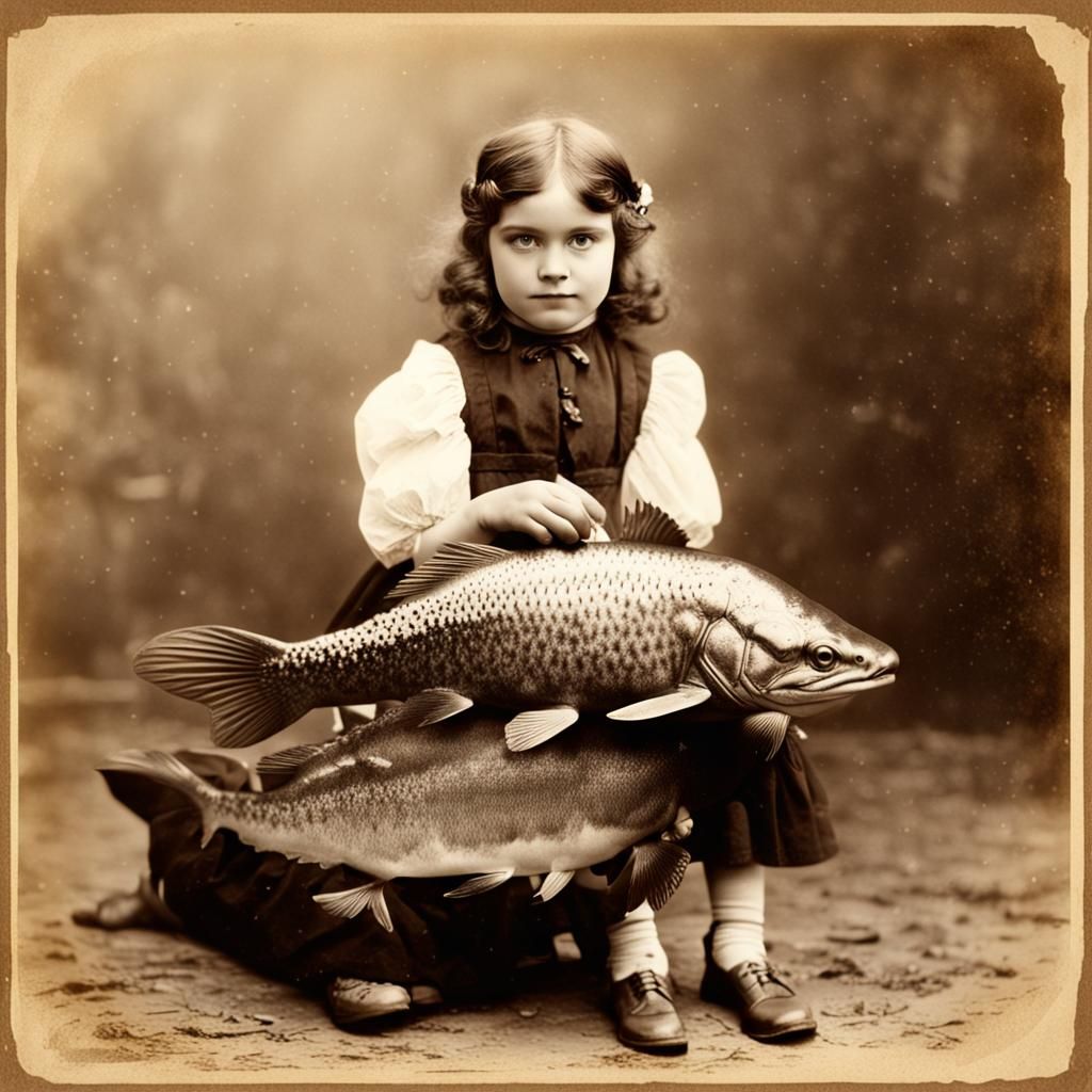 Victorian Girl and Pet Coelacanth Sepia Photograph