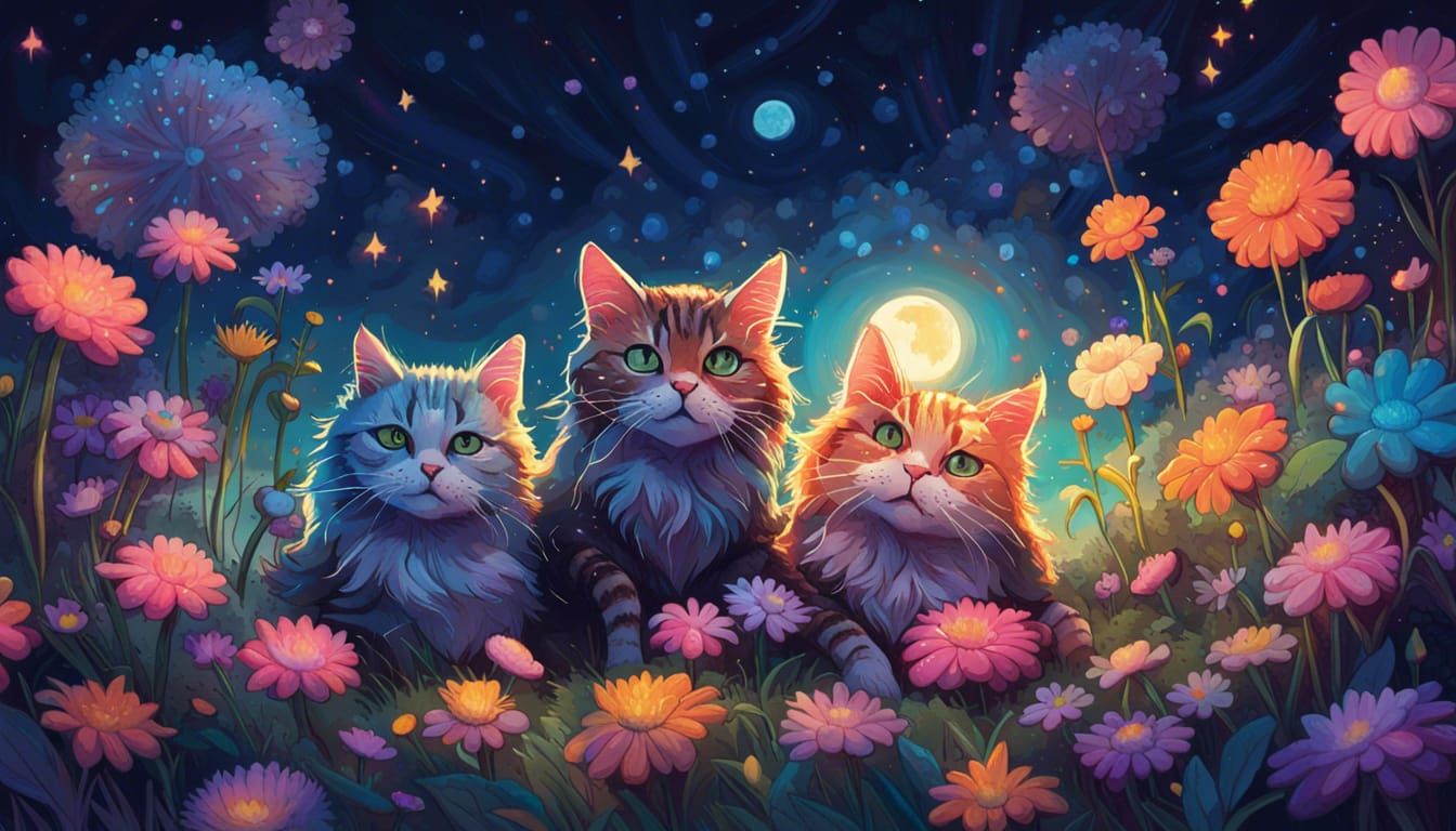 Tabby Cats in Magical Garden, Digital Art