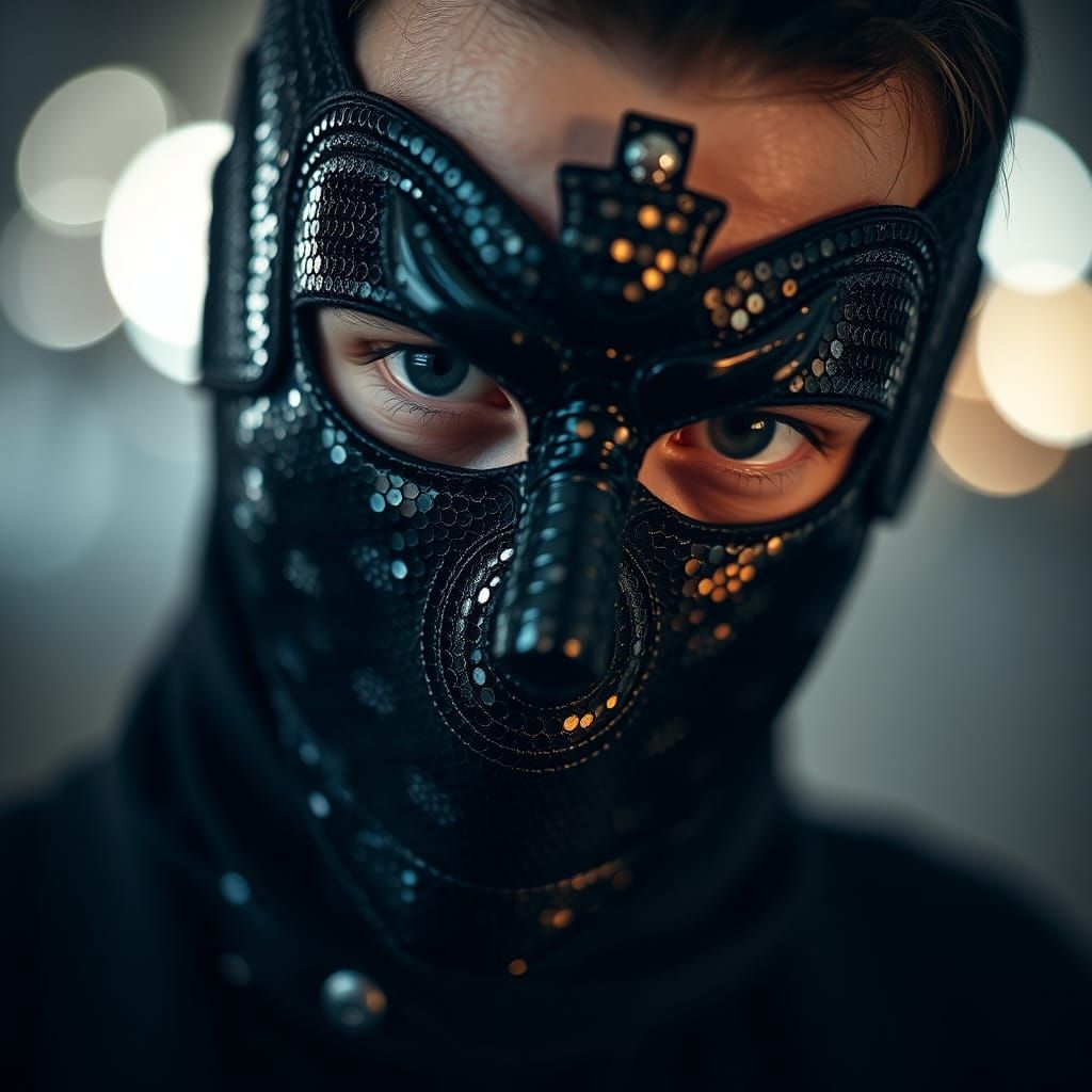 Man in Sequin Mask: Surreal Macro Portrait