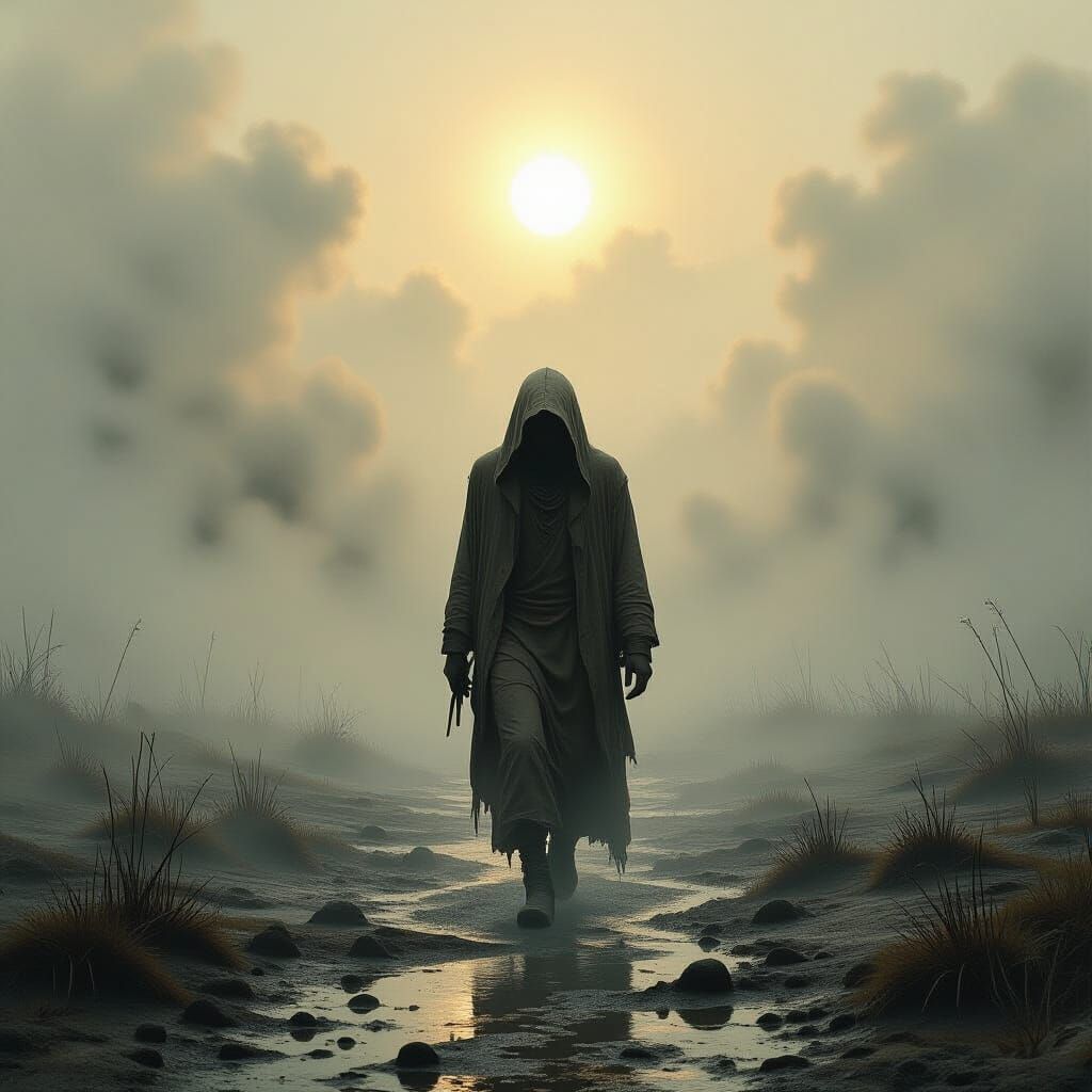 Eerie Figure in Misty, Surreal Landscape