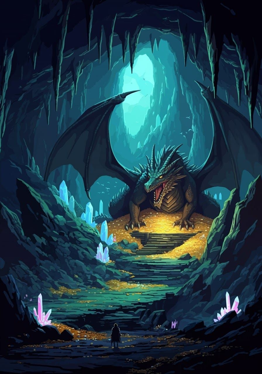 Dragon Guarding Treasure Hoard in Cave: Pixel Art