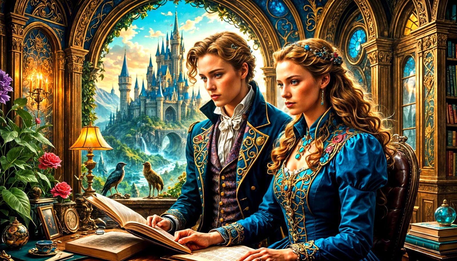 Retro-Futuristic Maximalist Scene in Rich Ink and Watercolor