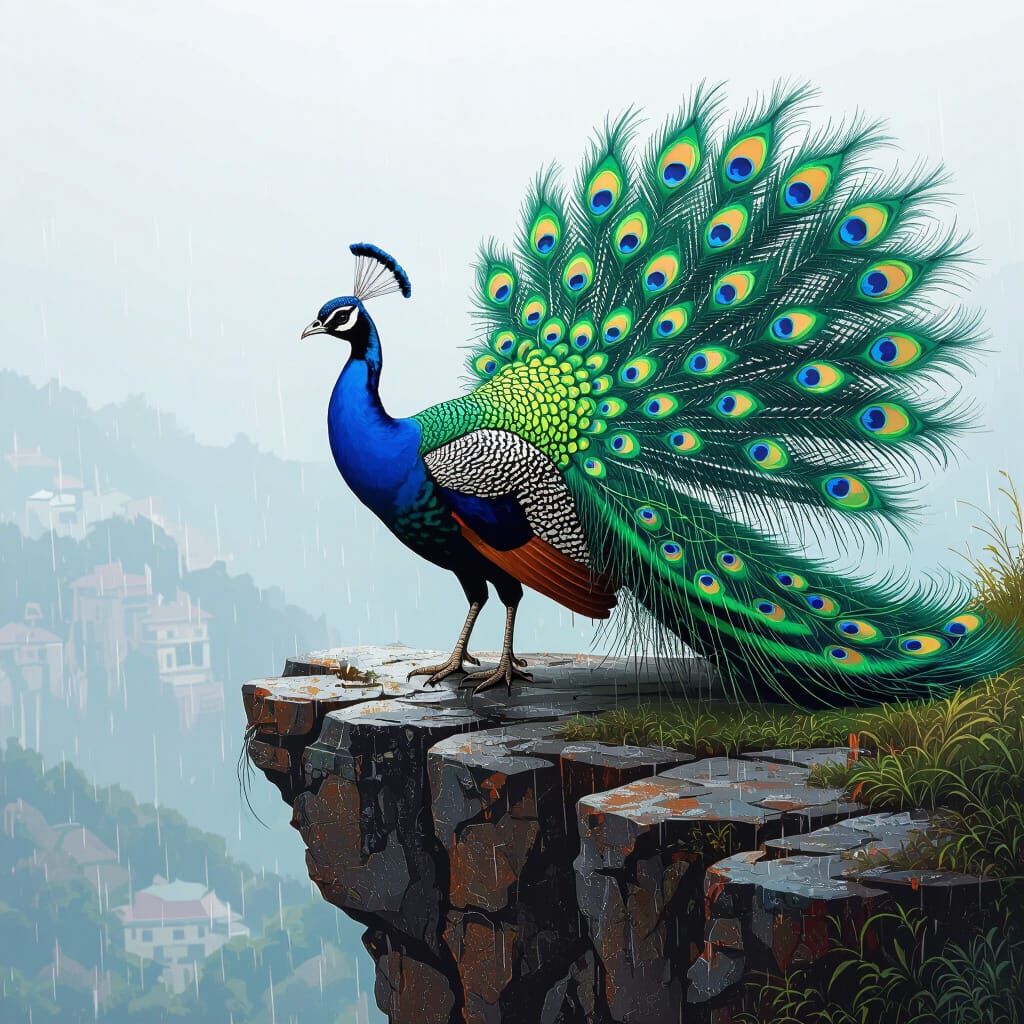 Peacock Ready to Fly on Rainy Day