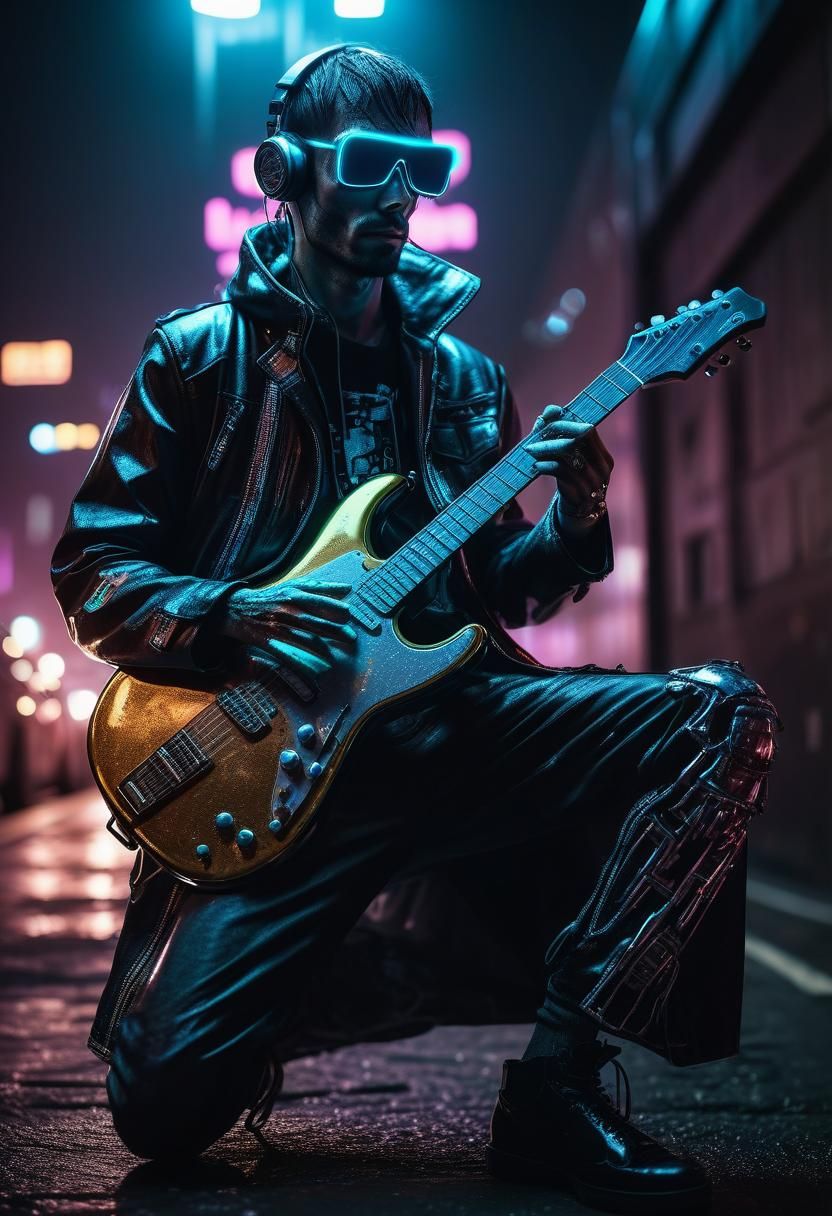 Bioluminescent Android Guitarist in Biopunk Style
