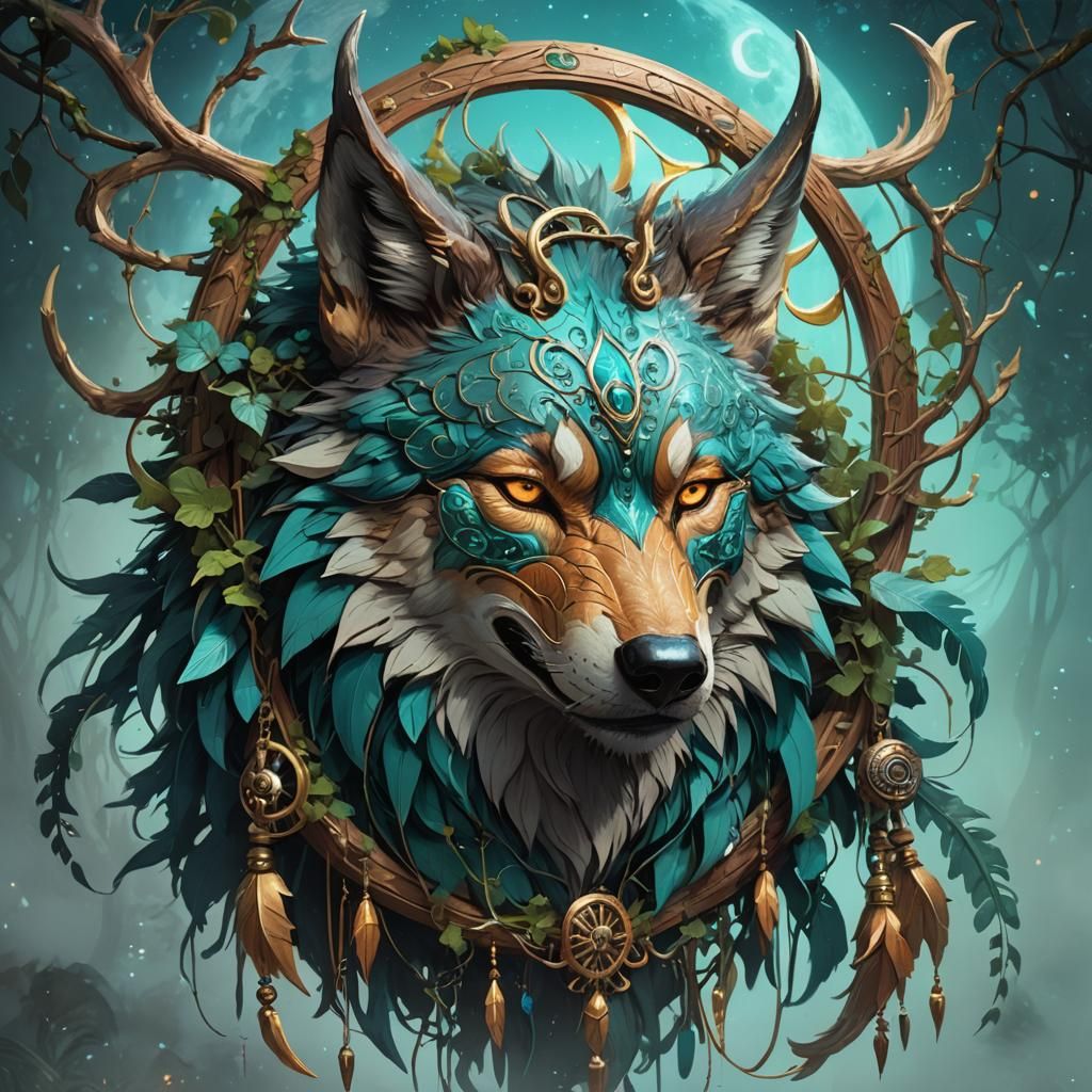 Horned Wolf in Moonlit Forest, Rutkowski Style