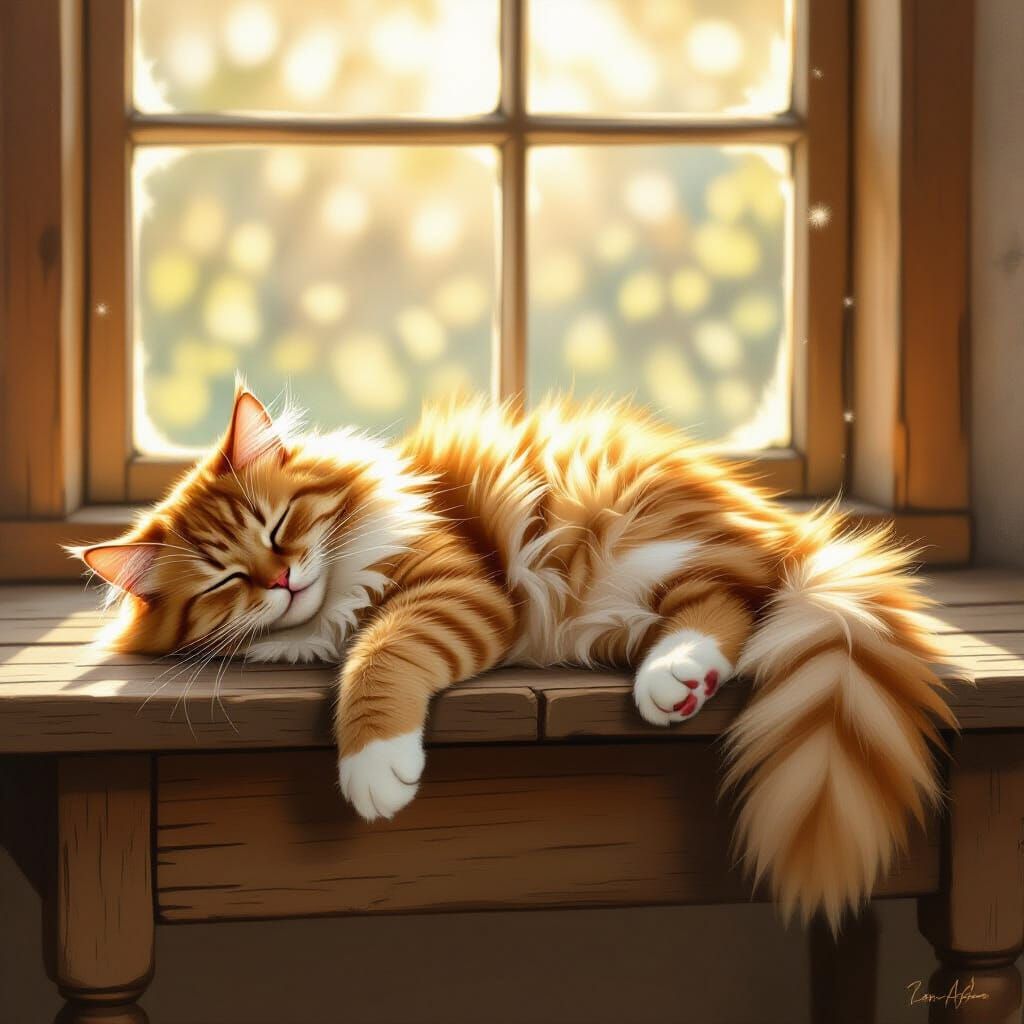 Fluffy Ginger Cat Sleeping in Sunlight
