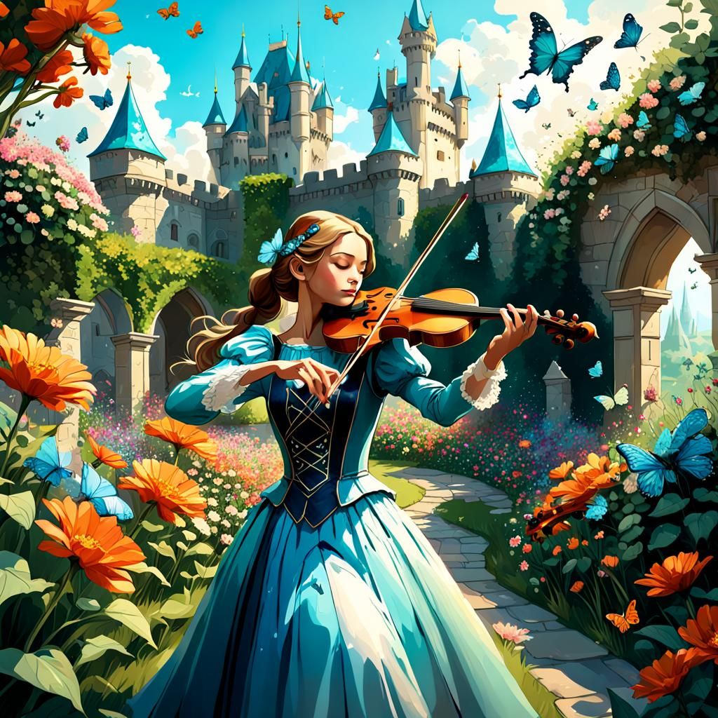 Musical Princess Plays Violin in Enchanted Garden