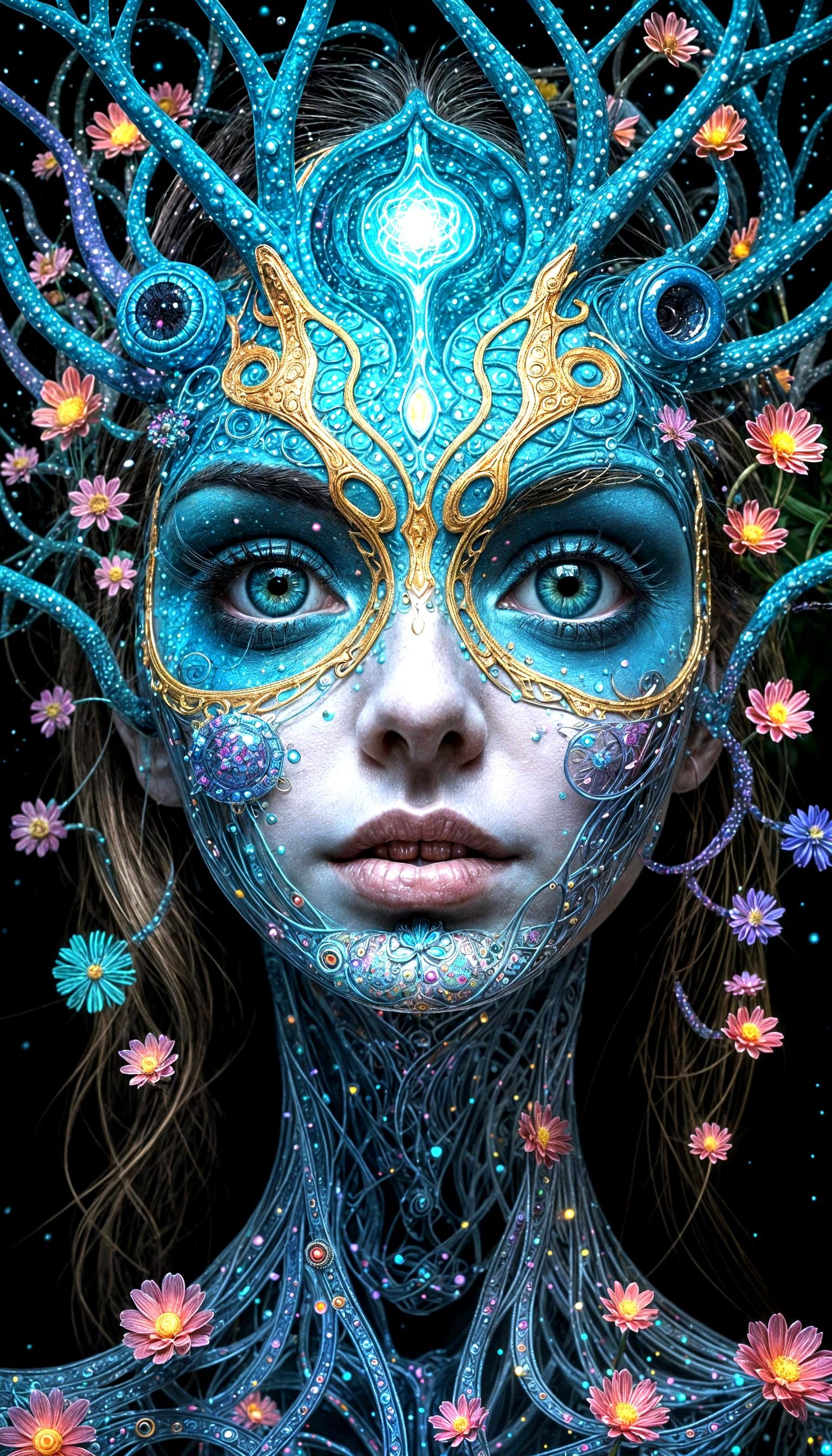 Psychedelic Entity with Droste Patterns and Human Eyes